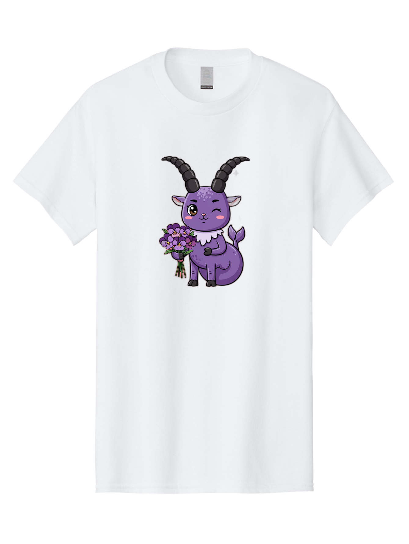 Purple-Goat Men'S Graphic Tee, 100% Cotton, Comfortable Casual Summer Wear, Machine Washable, Kawaii Goat, Cartoon Character, Purple Goat, Bouquet Of Flowers, Whimsical Design, Fantasy Creature, Adorable Illustration, Purple Flowers, Bae244