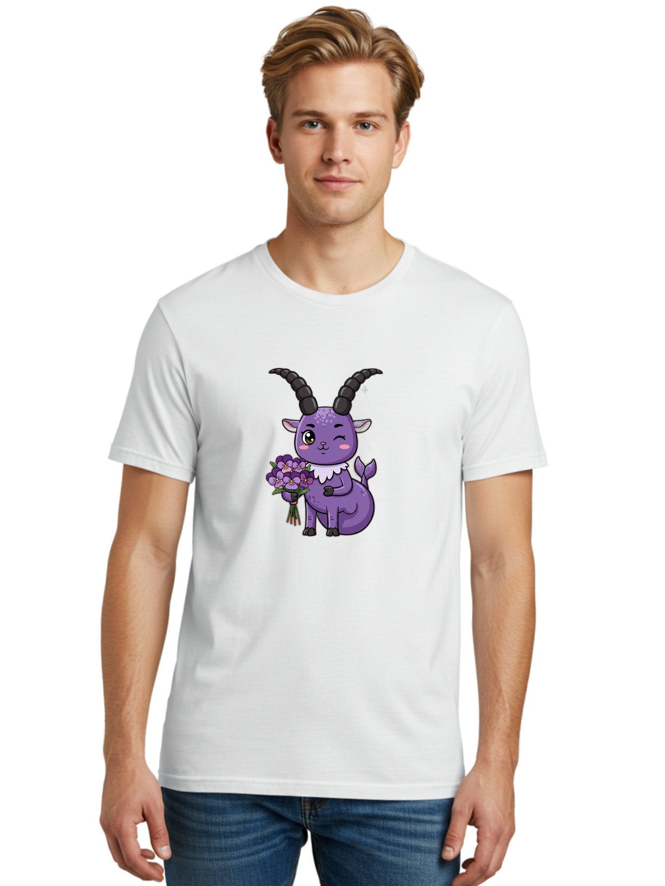 Purple-Goat Men'S Graphic Tee, 100% Cotton, Comfortable Casual Summer Wear, Machine Washable, Kawaii Goat, Cartoon Character, Purple Goat, Bouquet Of Flowers, Whimsical Design, Fantasy Creature, Adorable Illustration, Purple Flowers, Bae244