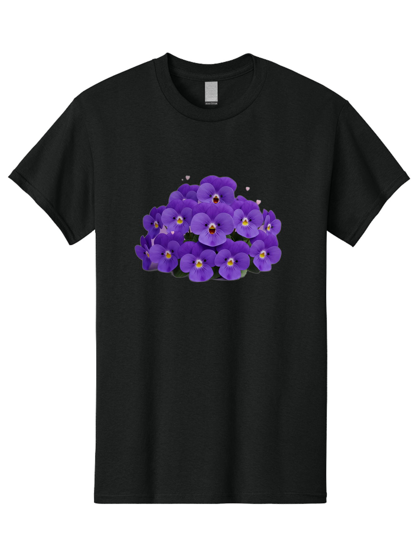 Purple-Pansies Men'S Graphic Tee, 100% Cotton, Comfortable Casual Summer Wear, Machine Washable, Purple Pansies, Floral Arrangement, Delicate Petals, Vibrant Colors, Yellow Centers, Dark Green Leaves, Heart-Shaped Leaves, Flower Bouquet, Bae245