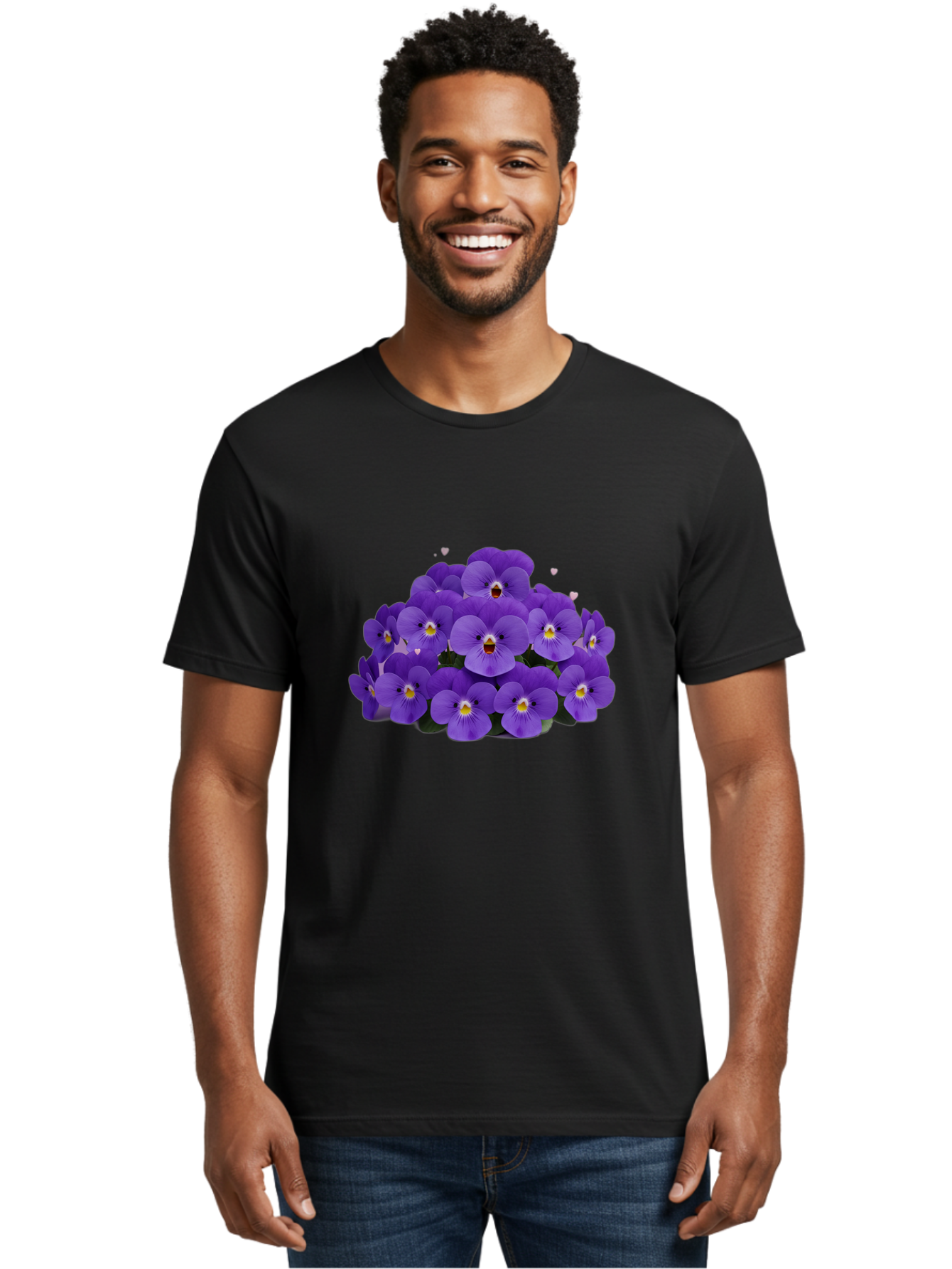Purple-Pansies Men'S Graphic Tee, 100% Cotton, Comfortable Casual Summer Wear, Machine Washable, Purple Pansies, Floral Arrangement, Delicate Petals, Vibrant Colors, Yellow Centers, Dark Green Leaves, Heart-Shaped Leaves, Flower Bouquet, Bae245