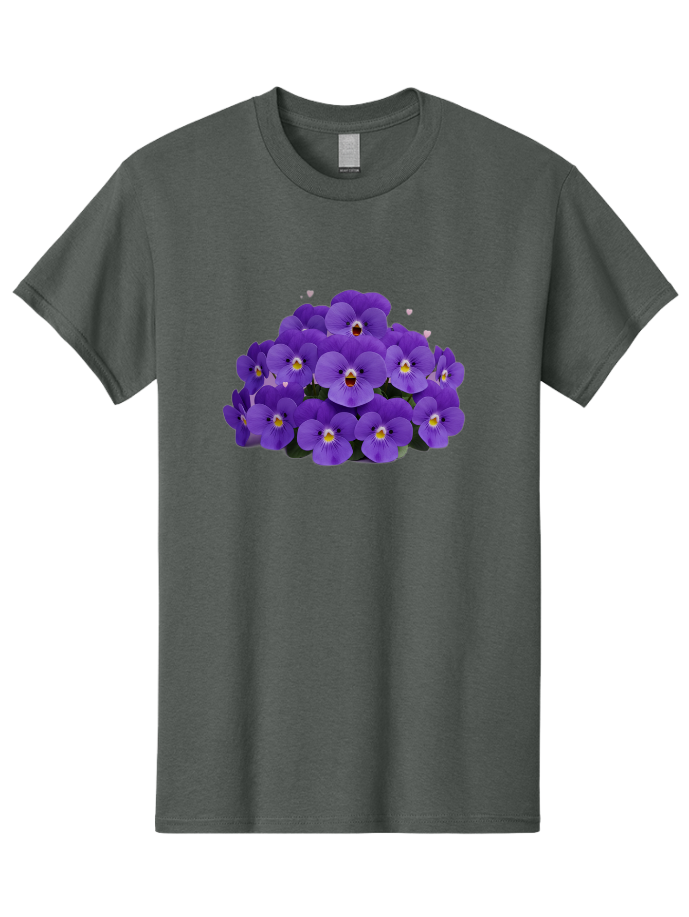 Purple-Pansies Men'S Graphic Tee, 100% Cotton, Comfortable Casual Summer Wear, Machine Washable, Purple Pansies, Floral Arrangement, Delicate Petals, Vibrant Colors, Yellow Centers, Dark Green Leaves, Heart-Shaped Leaves, Flower Bouquet, Bae245