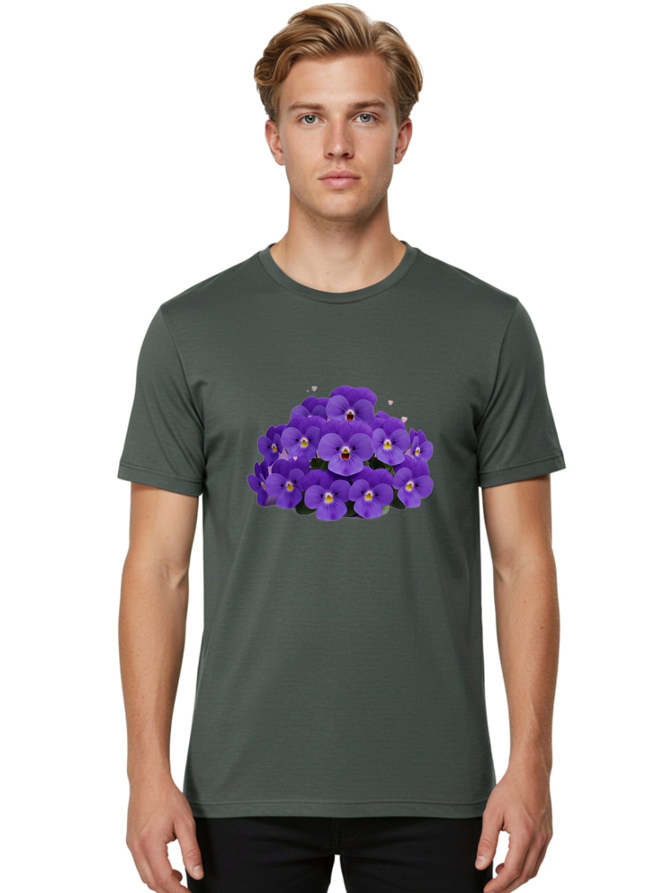 Purple-Pansies Men'S Graphic Tee, 100% Cotton, Comfortable Casual Summer Wear, Machine Washable, Purple Pansies, Floral Arrangement, Delicate Petals, Vibrant Colors, Yellow Centers, Dark Green Leaves, Heart-Shaped Leaves, Flower Bouquet, Bae245