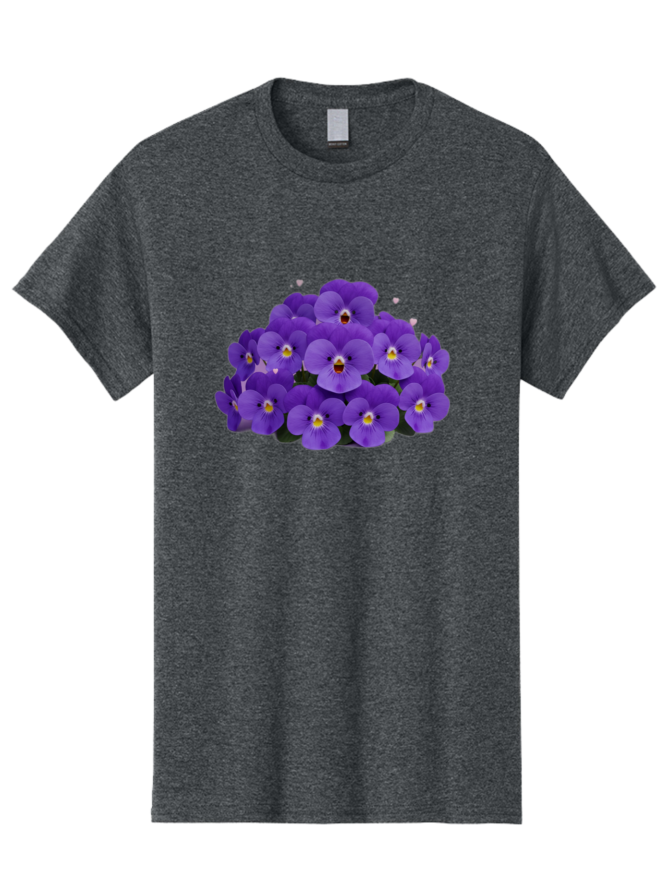 Purple-Pansies Men'S Graphic Tee, 100% Cotton, Comfortable Casual Summer Wear, Machine Washable, Purple Pansies, Floral Arrangement, Delicate Petals, Vibrant Colors, Yellow Centers, Dark Green Leaves, Heart-Shaped Leaves, Flower Bouquet, Bae245