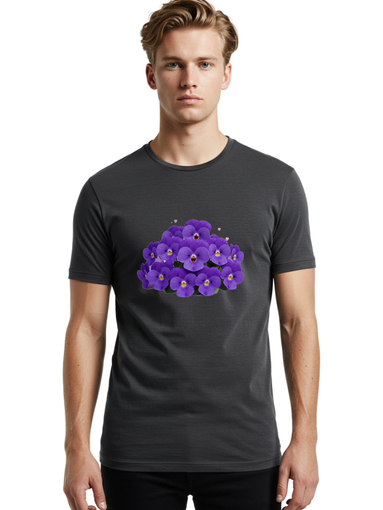 Purple-Pansies Men'S Graphic Tee, 100% Cotton, Comfortable Casual Summer Wear, Machine Washable, Purple Pansies, Floral Arrangement, Delicate Petals, Vibrant Colors, Yellow Centers, Dark Green Leaves, Heart-Shaped Leaves, Flower Bouquet, Bae245