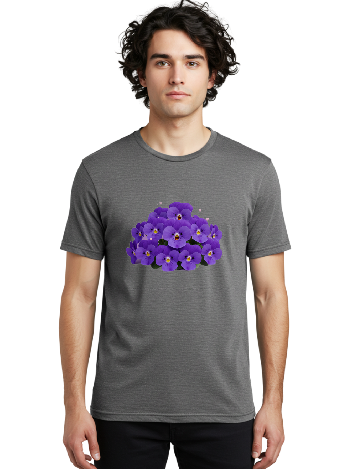 Purple-Pansies Men'S Graphic Tee, 100% Cotton, Comfortable Casual Summer Wear, Machine Washable, Purple Pansies, Floral Arrangement, Delicate Petals, Vibrant Colors, Yellow Centers, Dark Green Leaves, Heart-Shaped Leaves, Flower Bouquet, Bae245