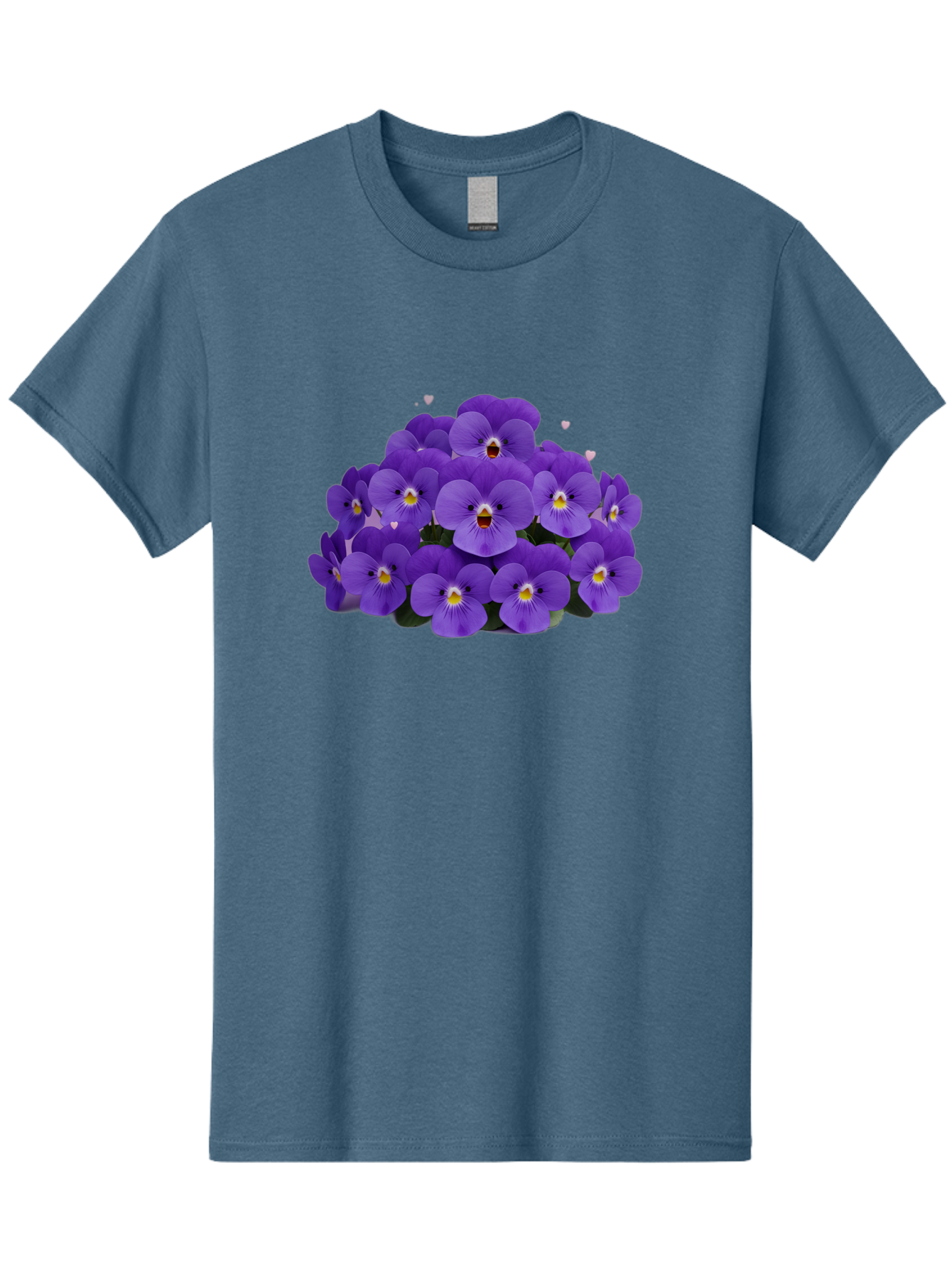 Purple-Pansies Men'S Graphic Tee, 100% Cotton, Comfortable Casual Summer Wear, Machine Washable, Purple Pansies, Floral Arrangement, Delicate Petals, Vibrant Colors, Yellow Centers, Dark Green Leaves, Heart-Shaped Leaves, Flower Bouquet, Bae245