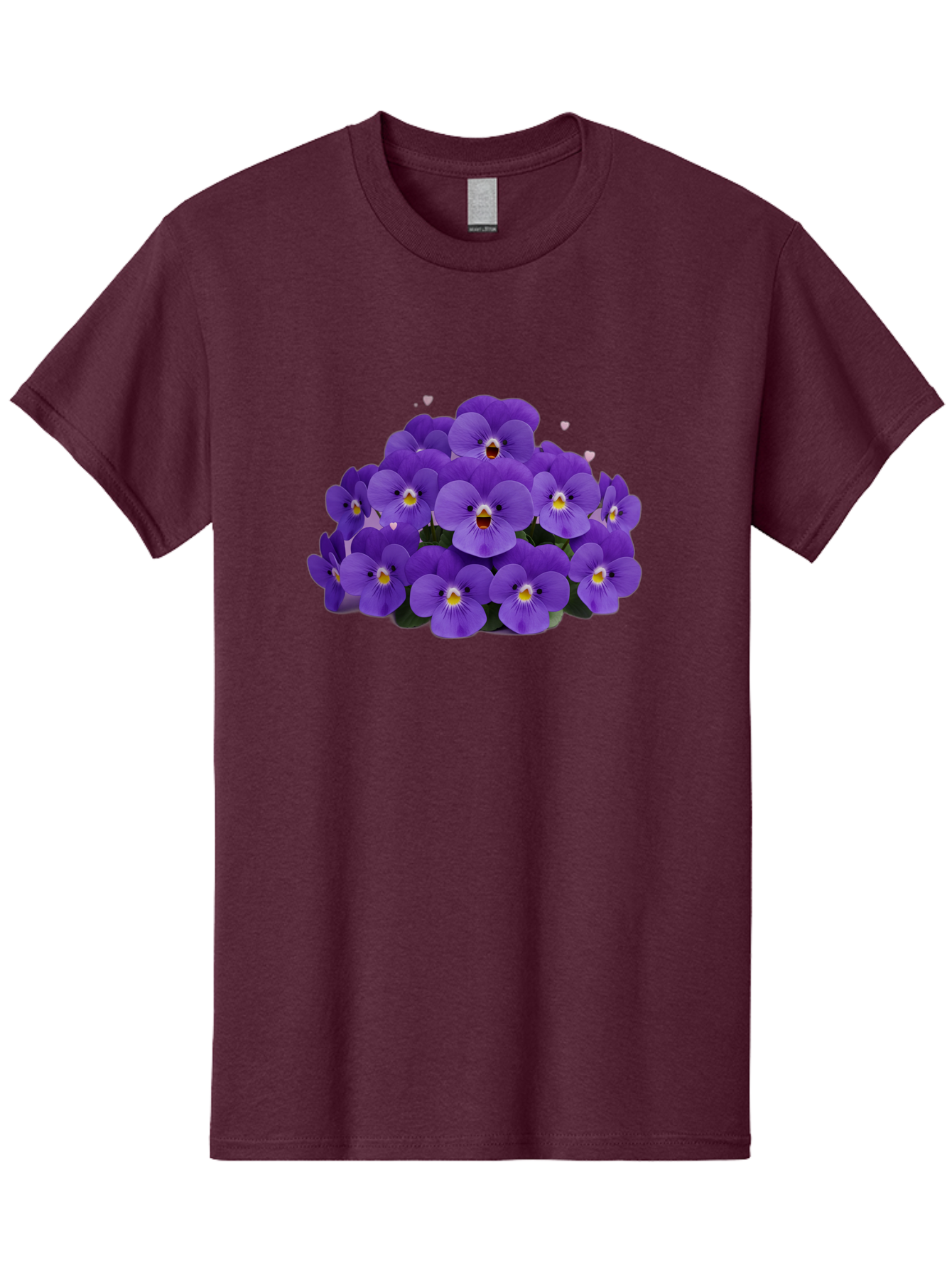 Purple-Pansies Men'S Graphic Tee, 100% Cotton, Comfortable Casual Summer Wear, Machine Washable, Purple Pansies, Floral Arrangement, Delicate Petals, Vibrant Colors, Yellow Centers, Dark Green Leaves, Heart-Shaped Leaves, Flower Bouquet, Bae245