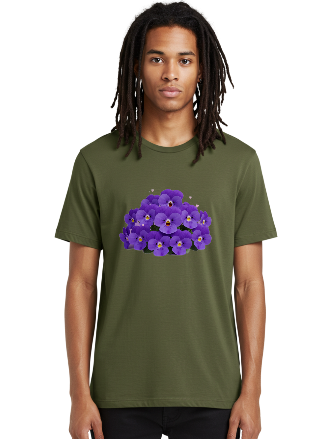 Purple-Pansies Men'S Graphic Tee, 100% Cotton, Comfortable Casual Summer Wear, Machine Washable, Purple Pansies, Floral Arrangement, Delicate Petals, Vibrant Colors, Yellow Centers, Dark Green Leaves, Heart-Shaped Leaves, Flower Bouquet, Bae245