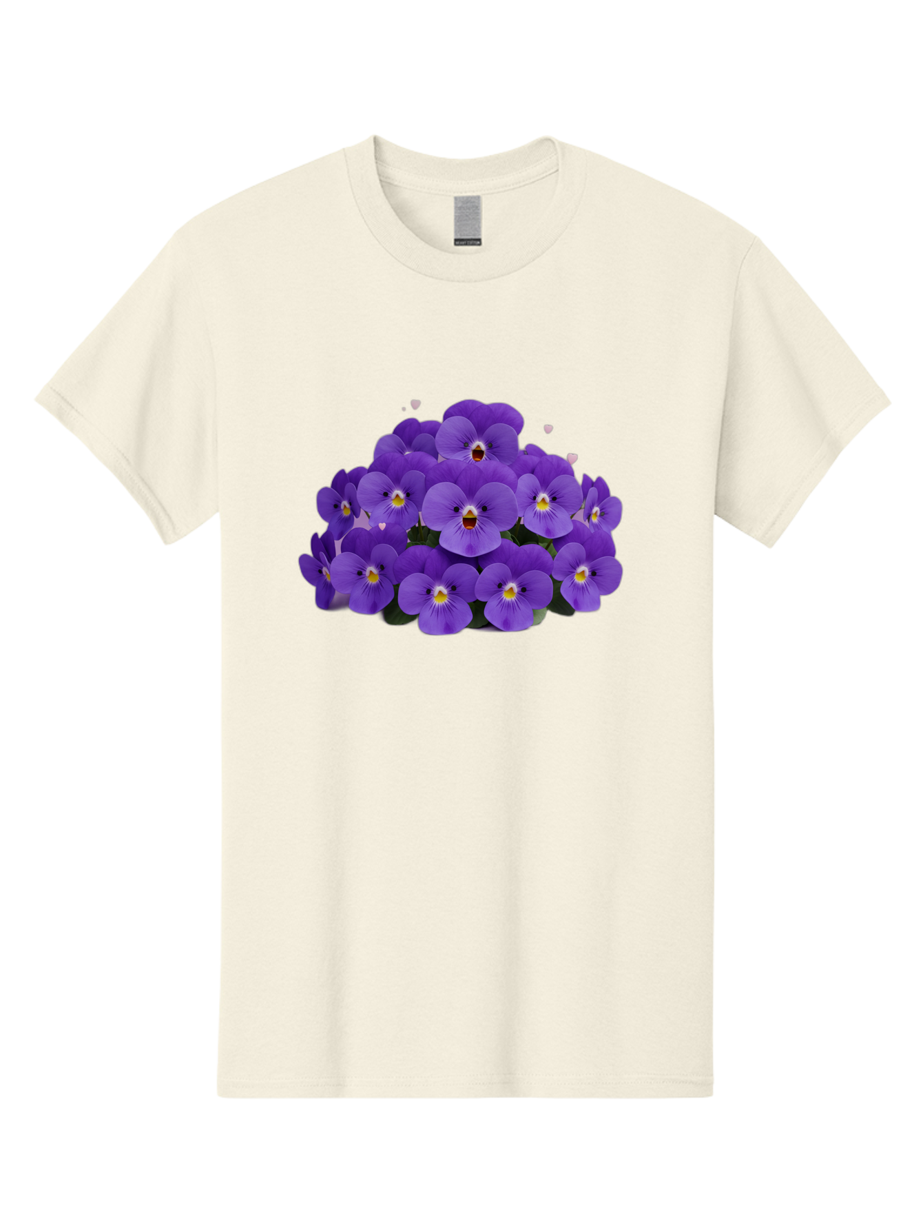 Purple-Pansies Men'S Graphic Tee, 100% Cotton, Comfortable Casual Summer Wear, Machine Washable, Purple Pansies, Floral Arrangement, Delicate Petals, Vibrant Colors, Yellow Centers, Dark Green Leaves, Heart-Shaped Leaves, Flower Bouquet, Bae245
