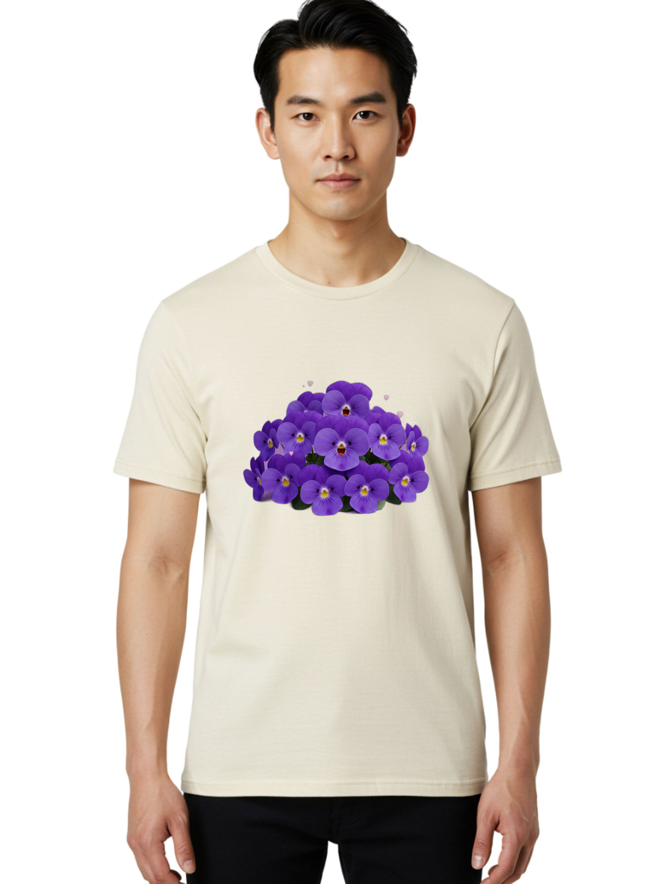 Purple-Pansies Men'S Graphic Tee, 100% Cotton, Comfortable Casual Summer Wear, Machine Washable, Purple Pansies, Floral Arrangement, Delicate Petals, Vibrant Colors, Yellow Centers, Dark Green Leaves, Heart-Shaped Leaves, Flower Bouquet, Bae245