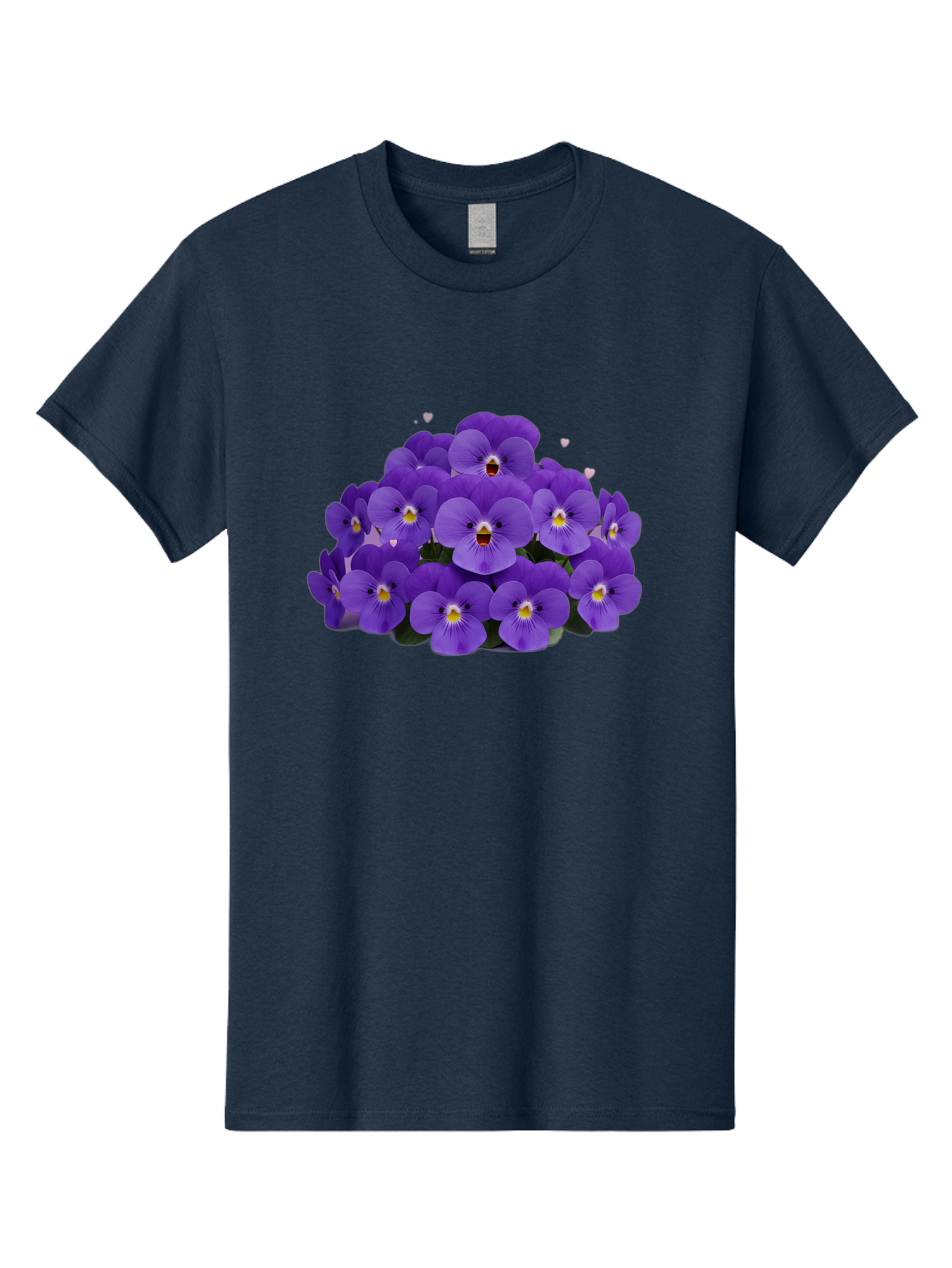 Purple-Pansies Men'S Graphic Tee, 100% Cotton, Comfortable Casual Summer Wear, Machine Washable, Purple Pansies, Floral Arrangement, Delicate Petals, Vibrant Colors, Yellow Centers, Dark Green Leaves, Heart-Shaped Leaves, Flower Bouquet, Bae245