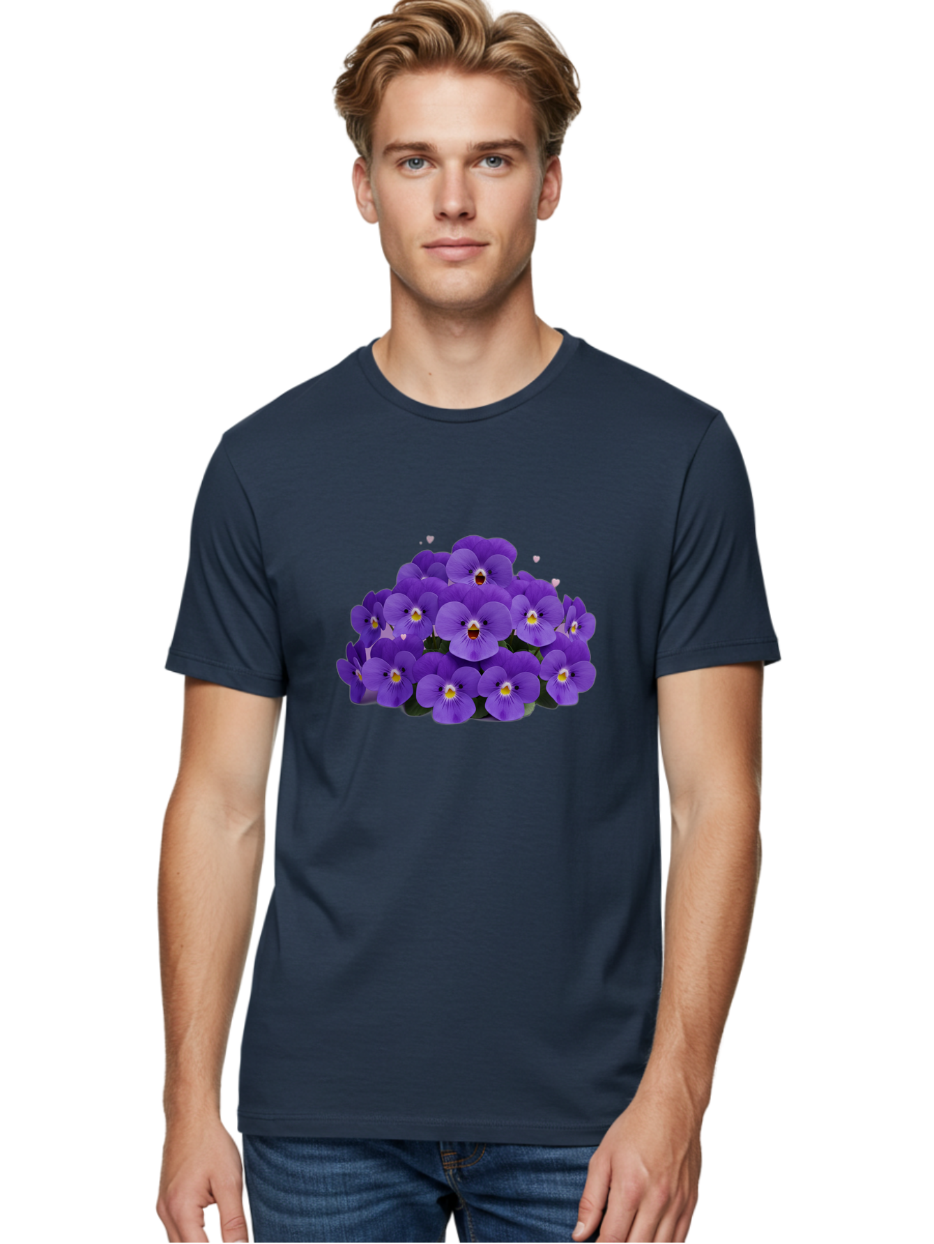 Purple-Pansies Men'S Graphic Tee, 100% Cotton, Comfortable Casual Summer Wear, Machine Washable, Purple Pansies, Floral Arrangement, Delicate Petals, Vibrant Colors, Yellow Centers, Dark Green Leaves, Heart-Shaped Leaves, Flower Bouquet, Bae245