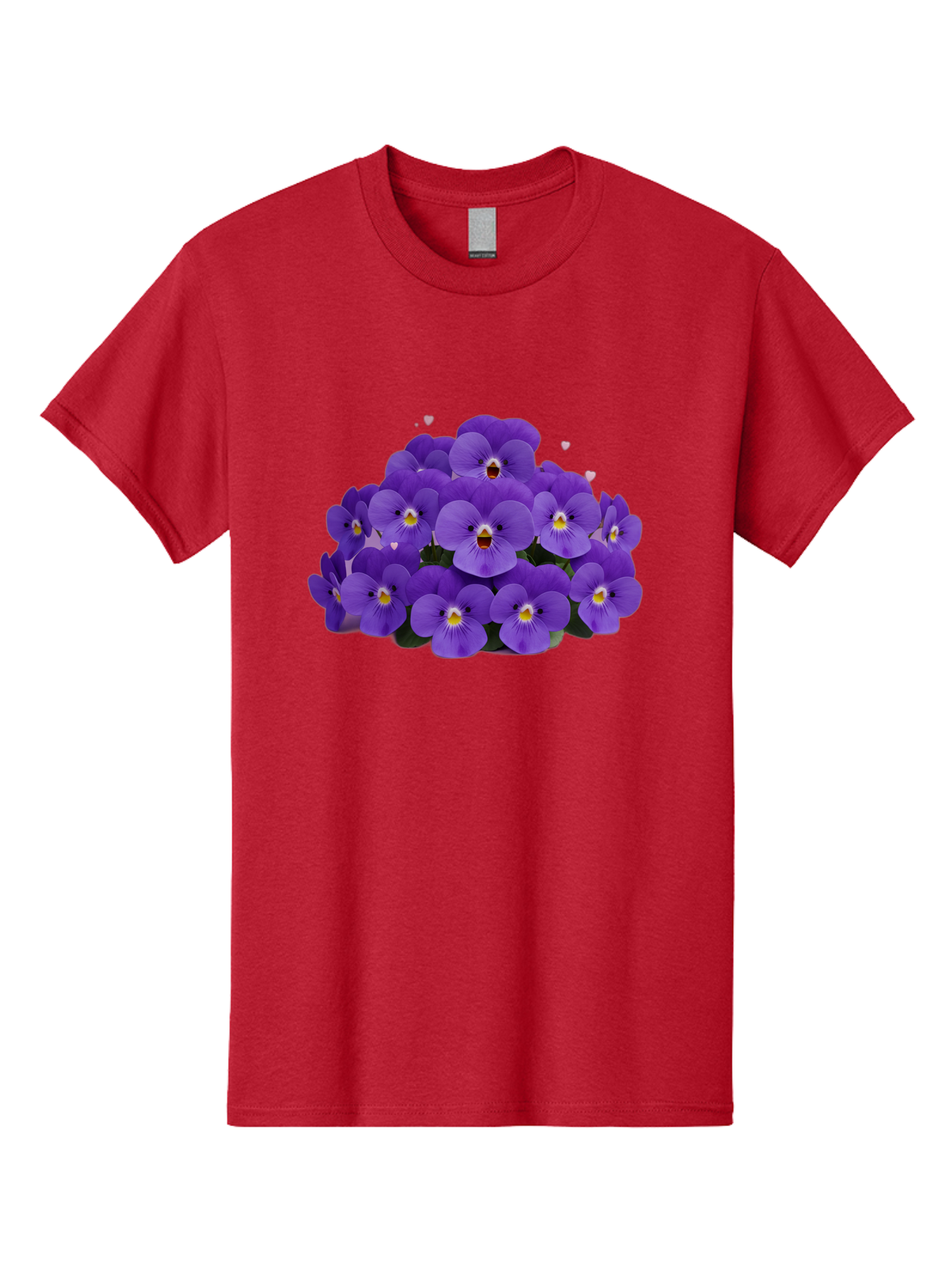 Purple-Pansies Men'S Graphic Tee, 100% Cotton, Comfortable Casual Summer Wear, Machine Washable, Purple Pansies, Floral Arrangement, Delicate Petals, Vibrant Colors, Yellow Centers, Dark Green Leaves, Heart-Shaped Leaves, Flower Bouquet, Bae245