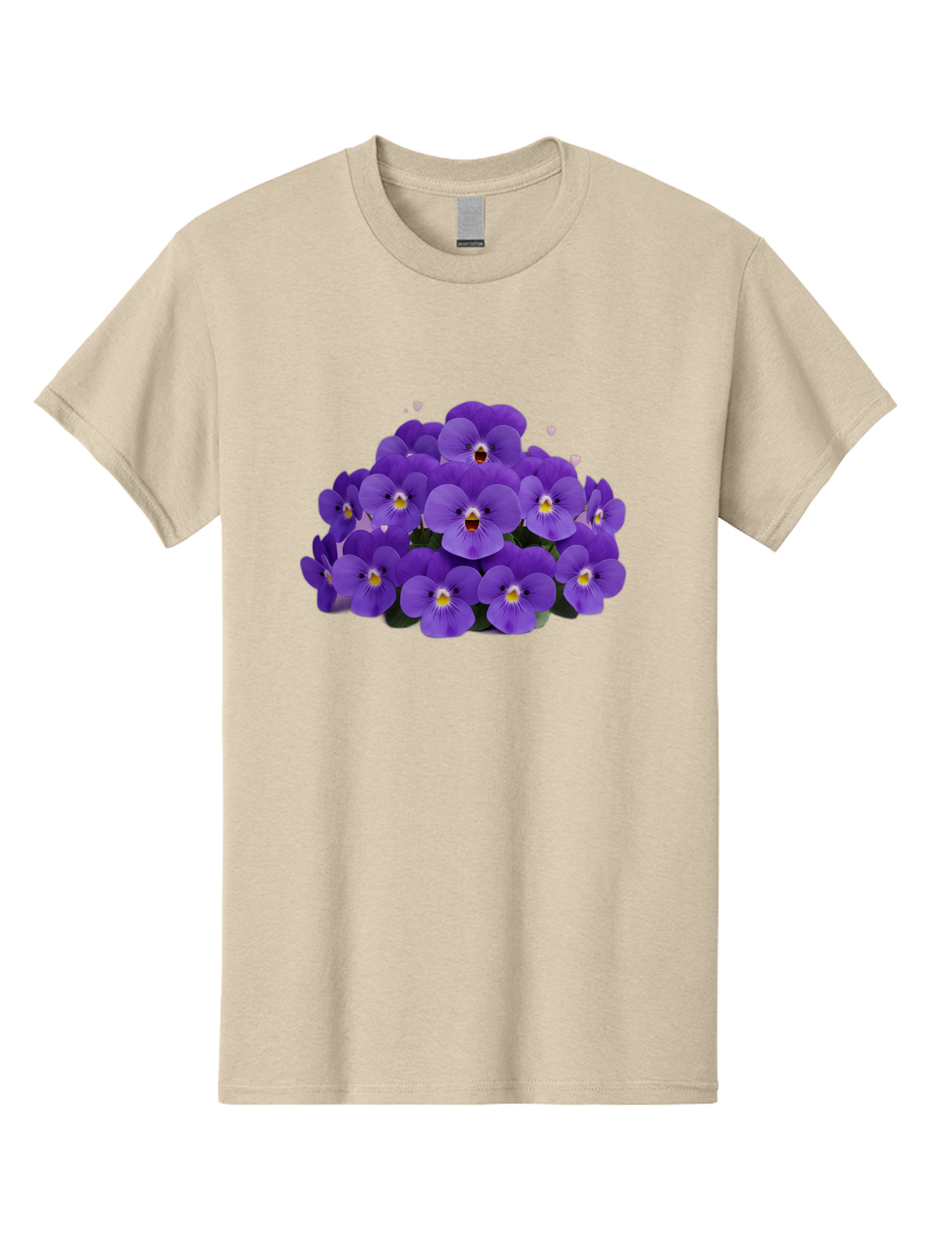 Purple-Pansies Men'S Graphic Tee, 100% Cotton, Comfortable Casual Summer Wear, Machine Washable, Purple Pansies, Floral Arrangement, Delicate Petals, Vibrant Colors, Yellow Centers, Dark Green Leaves, Heart-Shaped Leaves, Flower Bouquet, Bae245