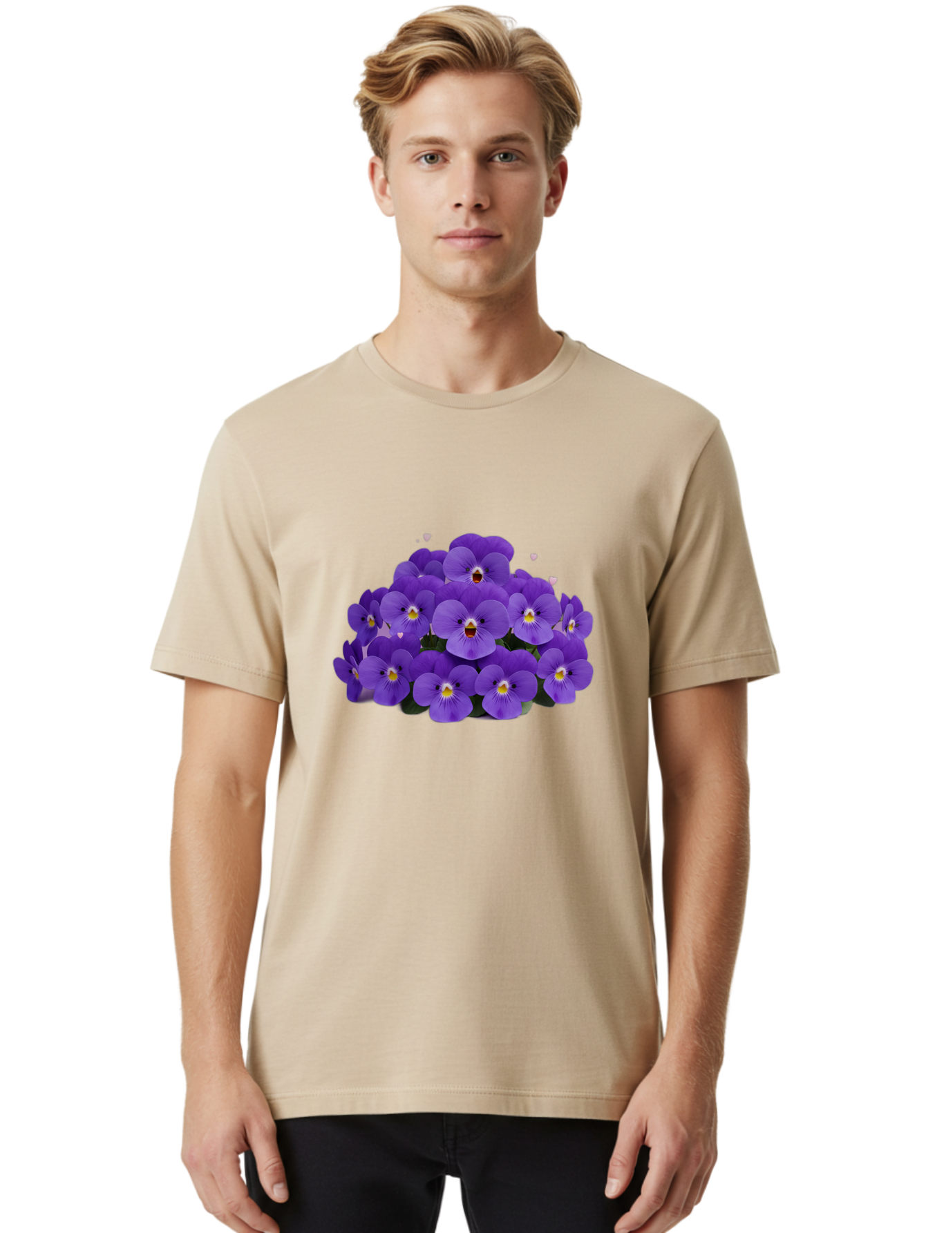 Purple-Pansies Men'S Graphic Tee, 100% Cotton, Comfortable Casual Summer Wear, Machine Washable, Purple Pansies, Floral Arrangement, Delicate Petals, Vibrant Colors, Yellow Centers, Dark Green Leaves, Heart-Shaped Leaves, Flower Bouquet, Bae245