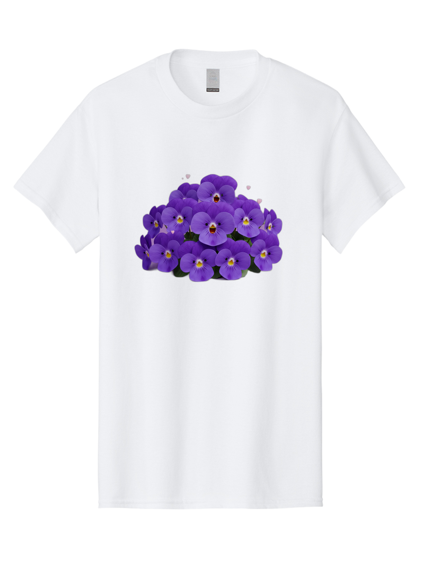 Purple-Pansies Men'S Graphic Tee, 100% Cotton, Comfortable Casual Summer Wear, Machine Washable, Purple Pansies, Floral Arrangement, Delicate Petals, Vibrant Colors, Yellow Centers, Dark Green Leaves, Heart-Shaped Leaves, Flower Bouquet, Bae245