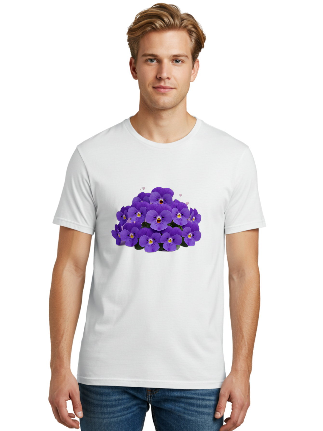 Purple-Pansies Men'S Graphic Tee, 100% Cotton, Comfortable Casual Summer Wear, Machine Washable, Purple Pansies, Floral Arrangement, Delicate Petals, Vibrant Colors, Yellow Centers, Dark Green Leaves, Heart-Shaped Leaves, Flower Bouquet, Bae245