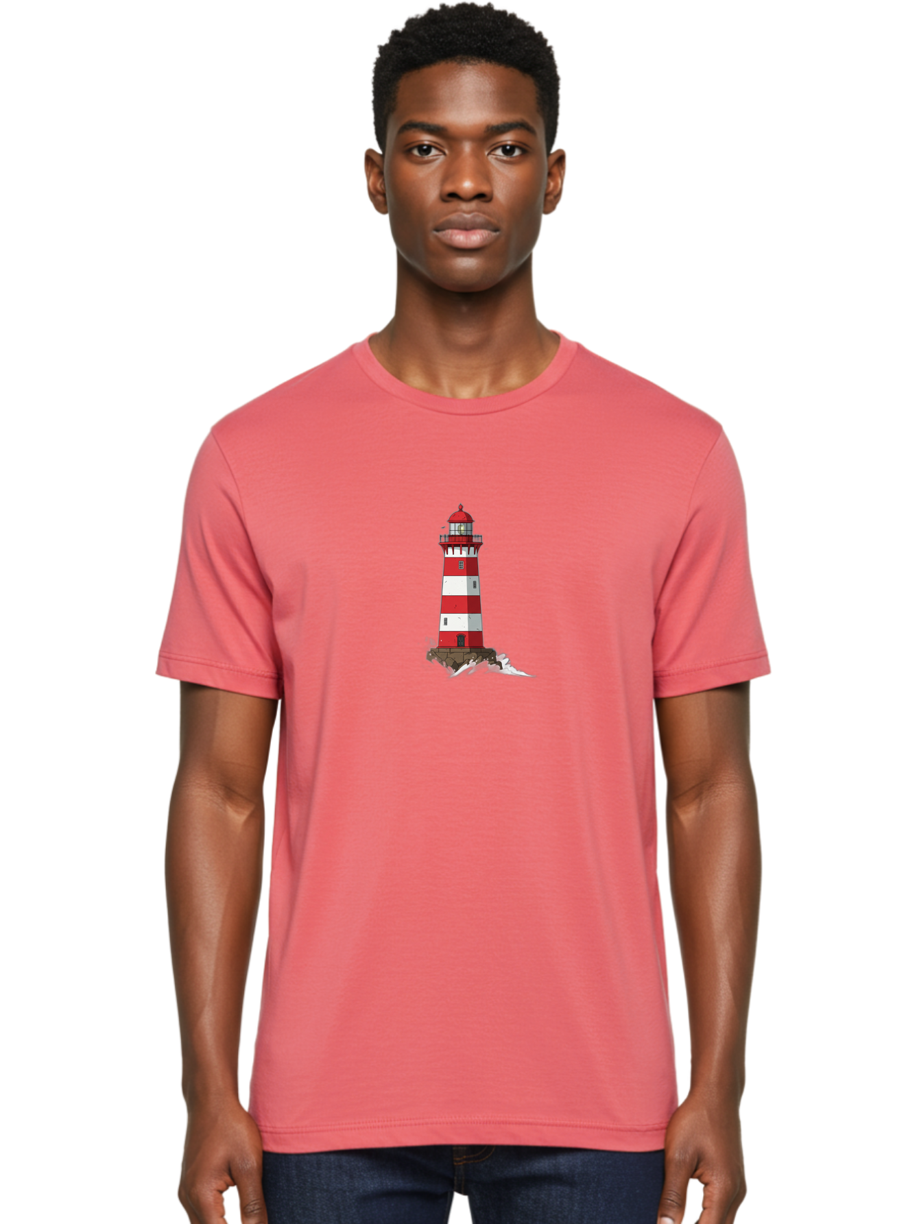 Red-And-White-Lighthouse Men'S Graphic Tee, 100% Cotton, Comfortable Casual Summer Wear, Machine Washable, Striped Lighthouse, Red And White Lighthouse, Rocky Coastline, Coastal Scenery, Maritime Navigation, Ocean Waves, Serene Atmosphere, Bae246