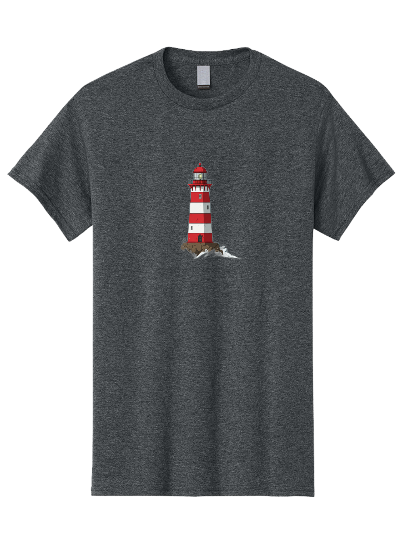 Red-And-White-Lighthouse Men'S Graphic Tee, 100% Cotton, Comfortable Casual Summer Wear, Machine Washable, Striped Lighthouse, Red And White Lighthouse, Rocky Coastline, Coastal Scenery, Maritime Navigation, Ocean Waves, Serene Atmosphere, Bae246