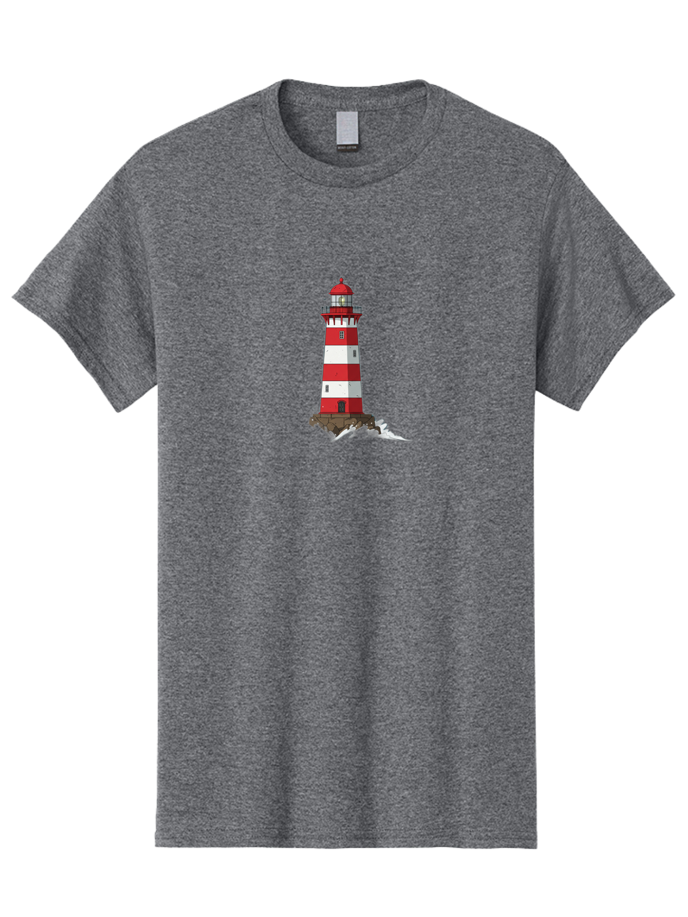 Red-And-White-Lighthouse Men'S Graphic Tee, 100% Cotton, Comfortable Casual Summer Wear, Machine Washable, Striped Lighthouse, Red And White Lighthouse, Rocky Coastline, Coastal Scenery, Maritime Navigation, Ocean Waves, Serene Atmosphere, Bae246