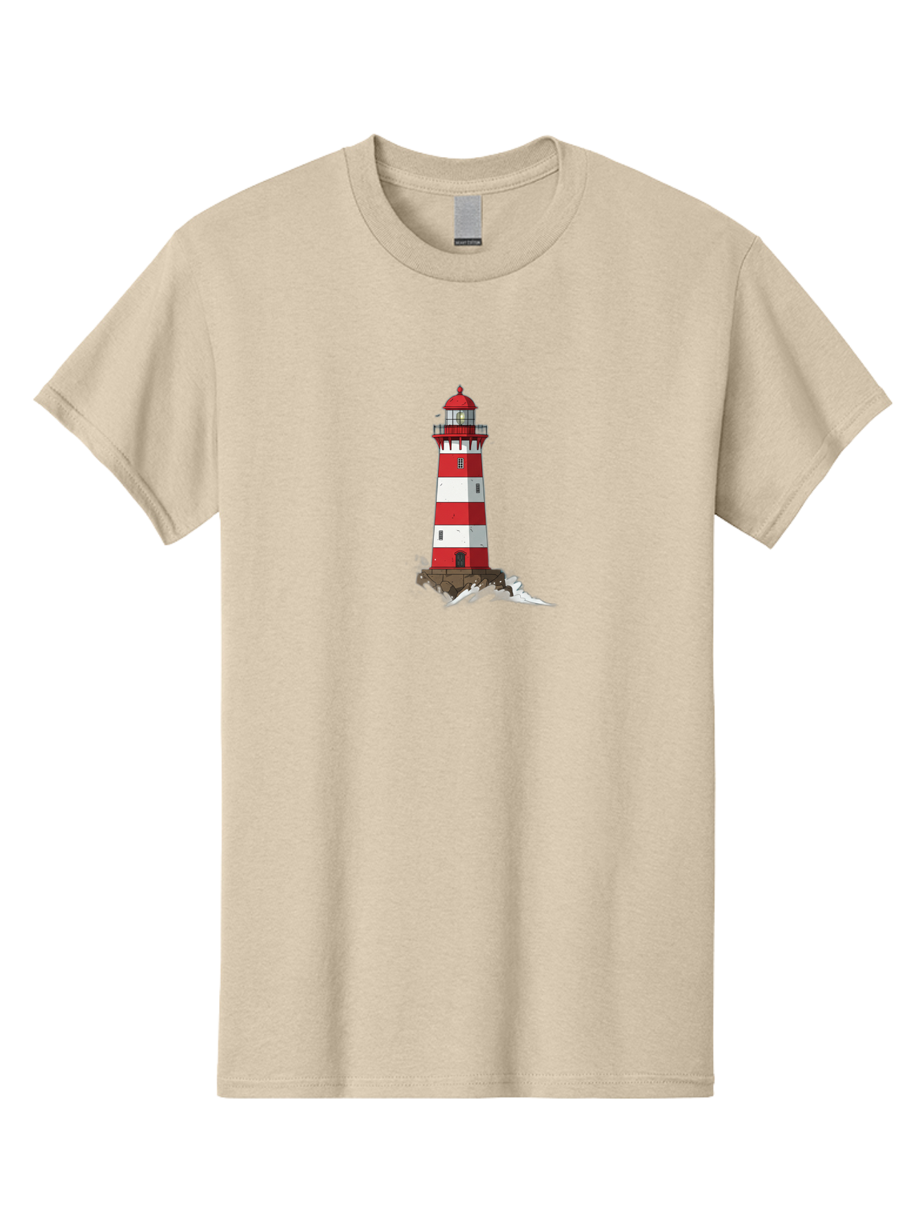Red-And-White-Lighthouse Men'S Graphic Tee, 100% Cotton, Comfortable Casual Summer Wear, Machine Washable, Striped Lighthouse, Red And White Lighthouse, Rocky Coastline, Coastal Scenery, Maritime Navigation, Ocean Waves, Serene Atmosphere, Bae246