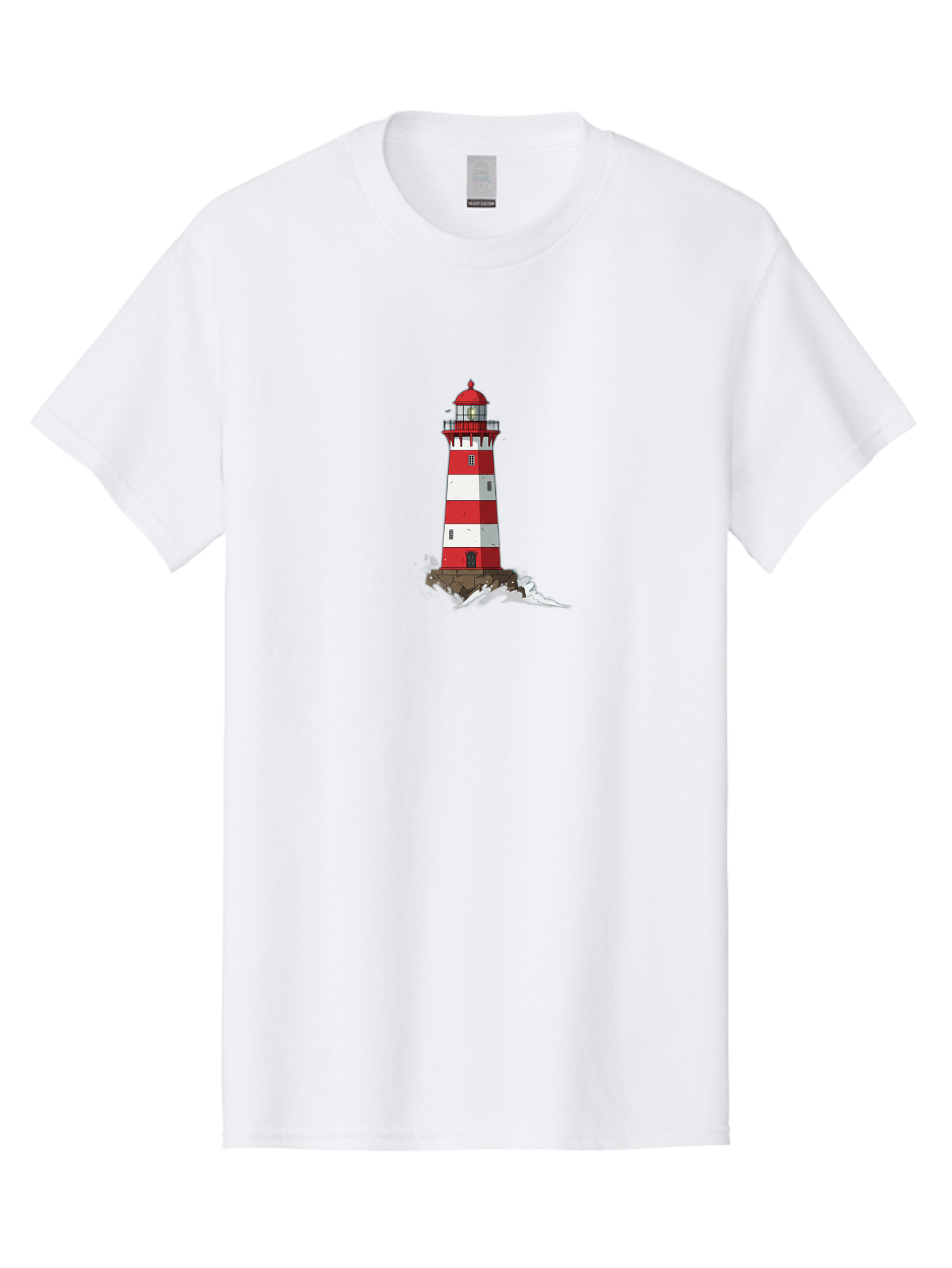 Red-And-White-Lighthouse Men'S Graphic Tee, 100% Cotton, Comfortable Casual Summer Wear, Machine Washable, Striped Lighthouse, Red And White Lighthouse, Rocky Coastline, Coastal Scenery, Maritime Navigation, Ocean Waves, Serene Atmosphere, Bae246