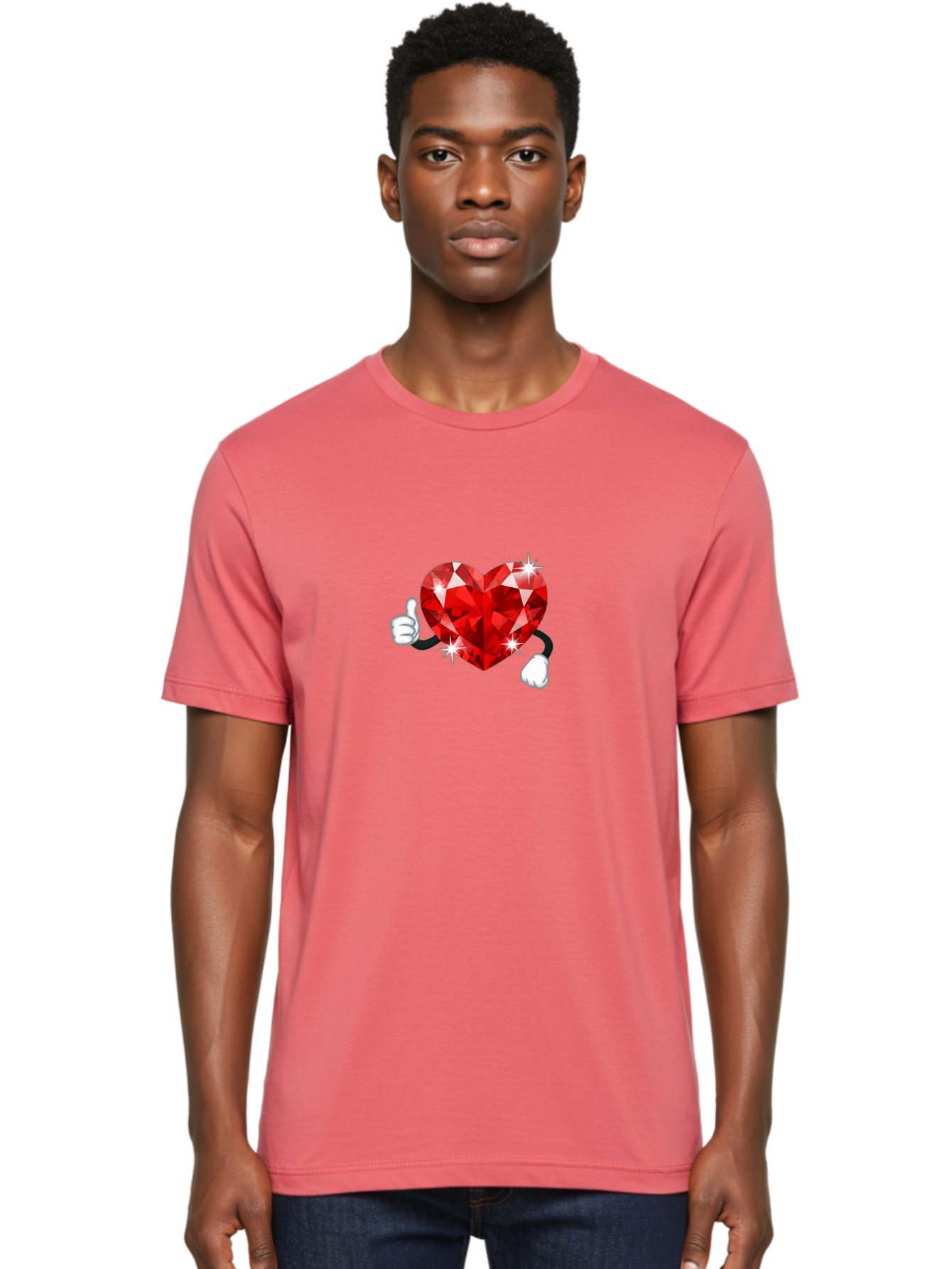Red-Diamond-Heart Men'S Graphic Tee, 100% Cotton, Comfortable Casual Summer Wear, Machine Washable, Red Heart Gem, Thumbs Up, Sparkling Gemstone, Shiny Heart, Love Symbol, Valentine'S Day, Heart Shape, Gemstone Character, Sparkling Effect, Bae247