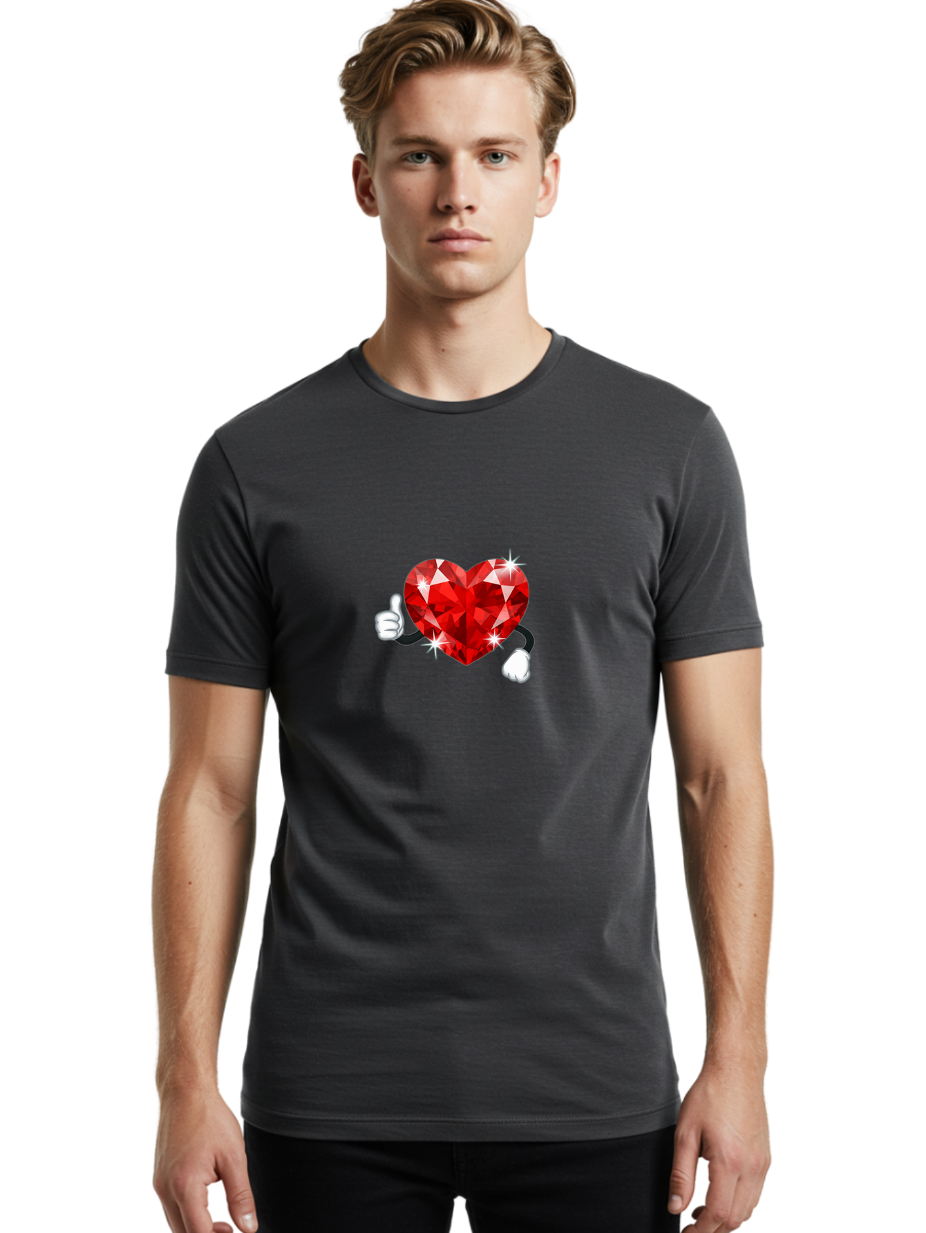 Red-Diamond-Heart Men'S Graphic Tee, 100% Cotton, Comfortable Casual Summer Wear, Machine Washable, Red Heart Gem, Thumbs Up, Sparkling Gemstone, Shiny Heart, Love Symbol, Valentine'S Day, Heart Shape, Gemstone Character, Sparkling Effect, Bae247