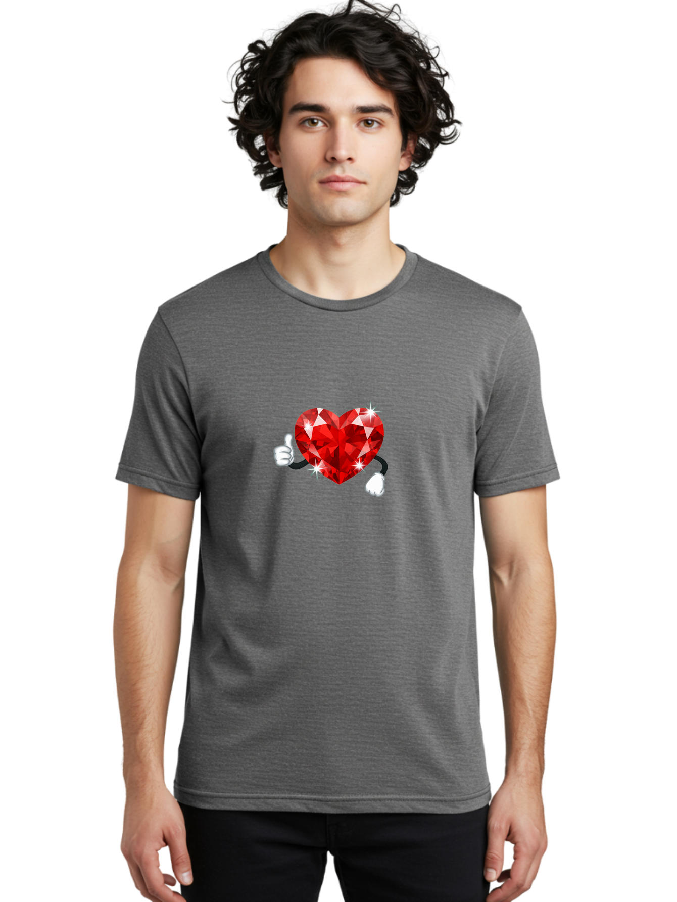 Red-Diamond-Heart Men'S Graphic Tee, 100% Cotton, Comfortable Casual Summer Wear, Machine Washable, Red Heart Gem, Thumbs Up, Sparkling Gemstone, Shiny Heart, Love Symbol, Valentine'S Day, Heart Shape, Gemstone Character, Sparkling Effect, Bae247