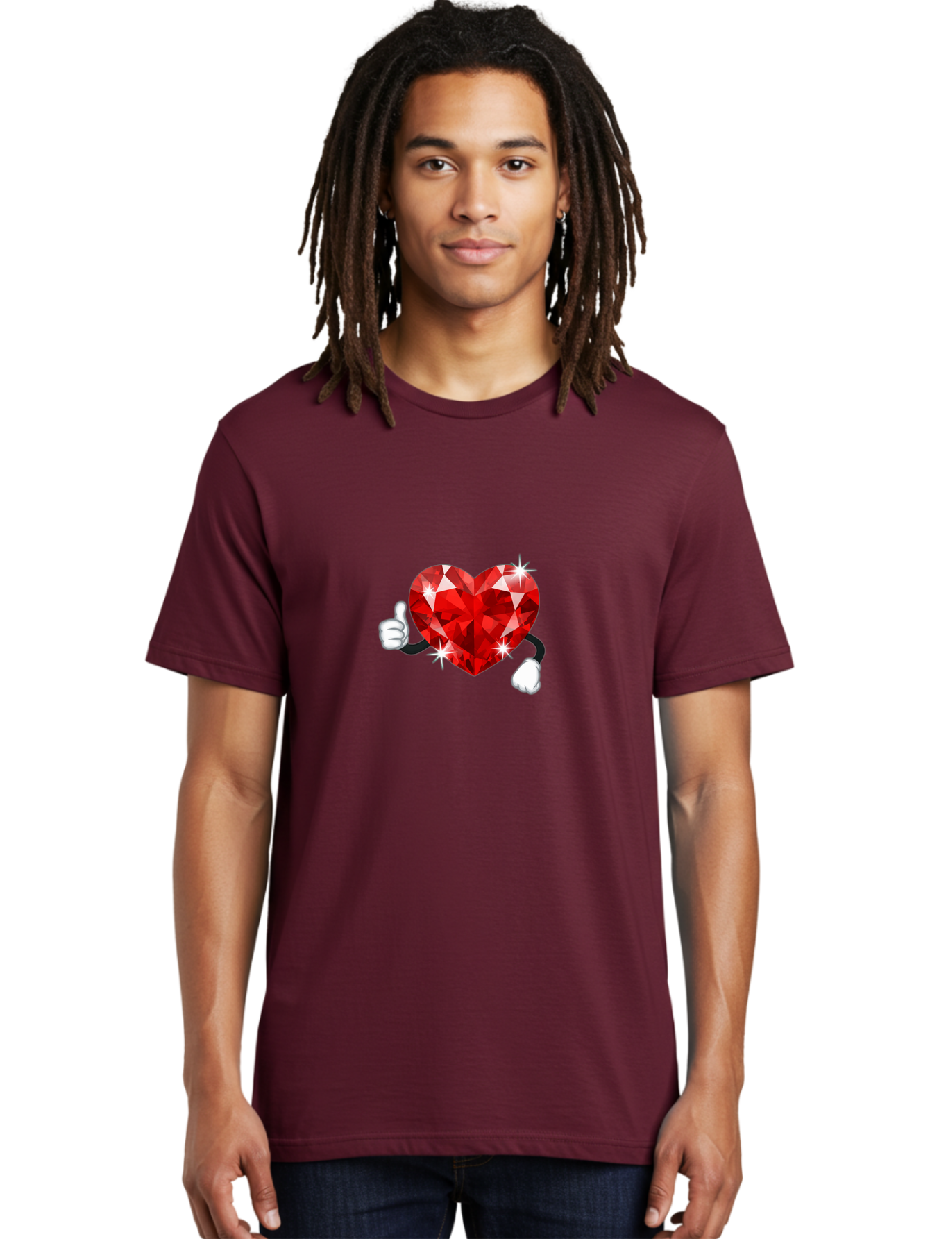 Red-Diamond-Heart Men'S Graphic Tee, 100% Cotton, Comfortable Casual Summer Wear, Machine Washable, Red Heart Gem, Thumbs Up, Sparkling Gemstone, Shiny Heart, Love Symbol, Valentine'S Day, Heart Shape, Gemstone Character, Sparkling Effect, Bae247