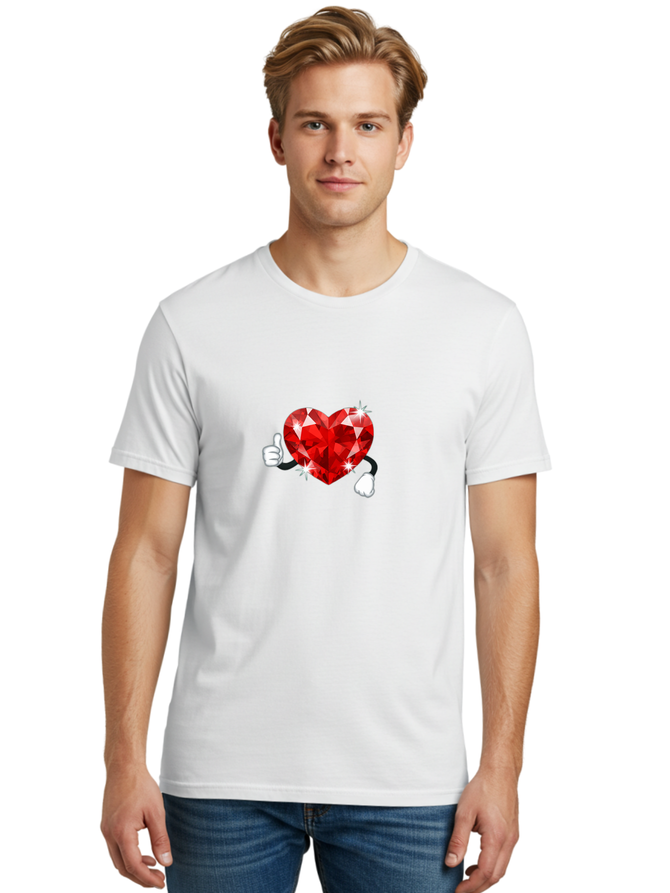 Red-Diamond-Heart Men'S Graphic Tee, 100% Cotton, Comfortable Casual Summer Wear, Machine Washable, Red Heart Gem, Thumbs Up, Sparkling Gemstone, Shiny Heart, Love Symbol, Valentine'S Day, Heart Shape, Gemstone Character, Sparkling Effect, Bae247