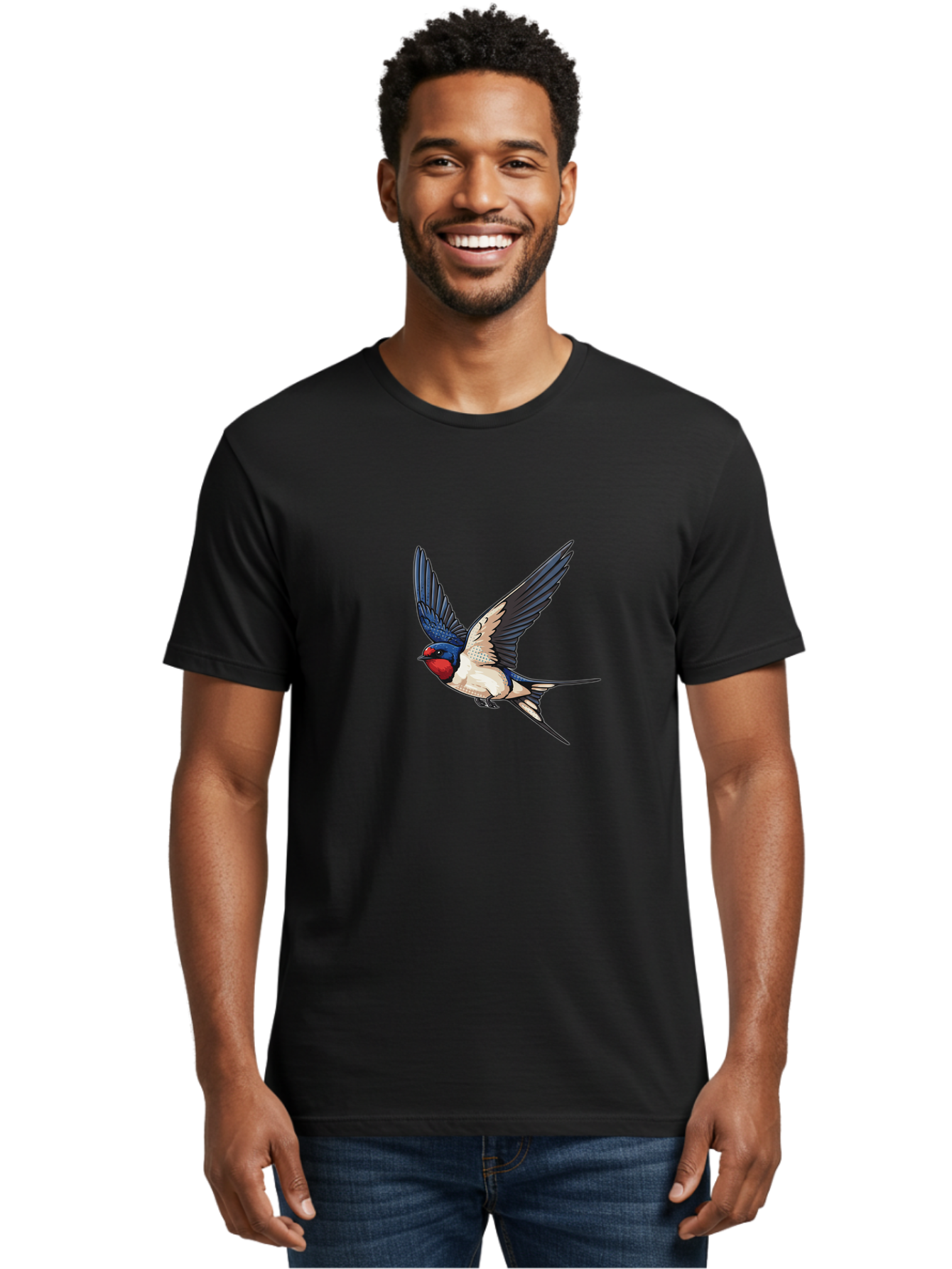 Red-Faced-Swallow Men'S Graphic Tee, 100% Cotton, Comfortable Casual Summer Wear, Machine Washable, Swallow In Flight, Bird Species, Wingspan, Feather Details, Red Face, Blue Wings, White Belly, Dynamic Pose, Wildlife Illustration, Avian Art Bae248