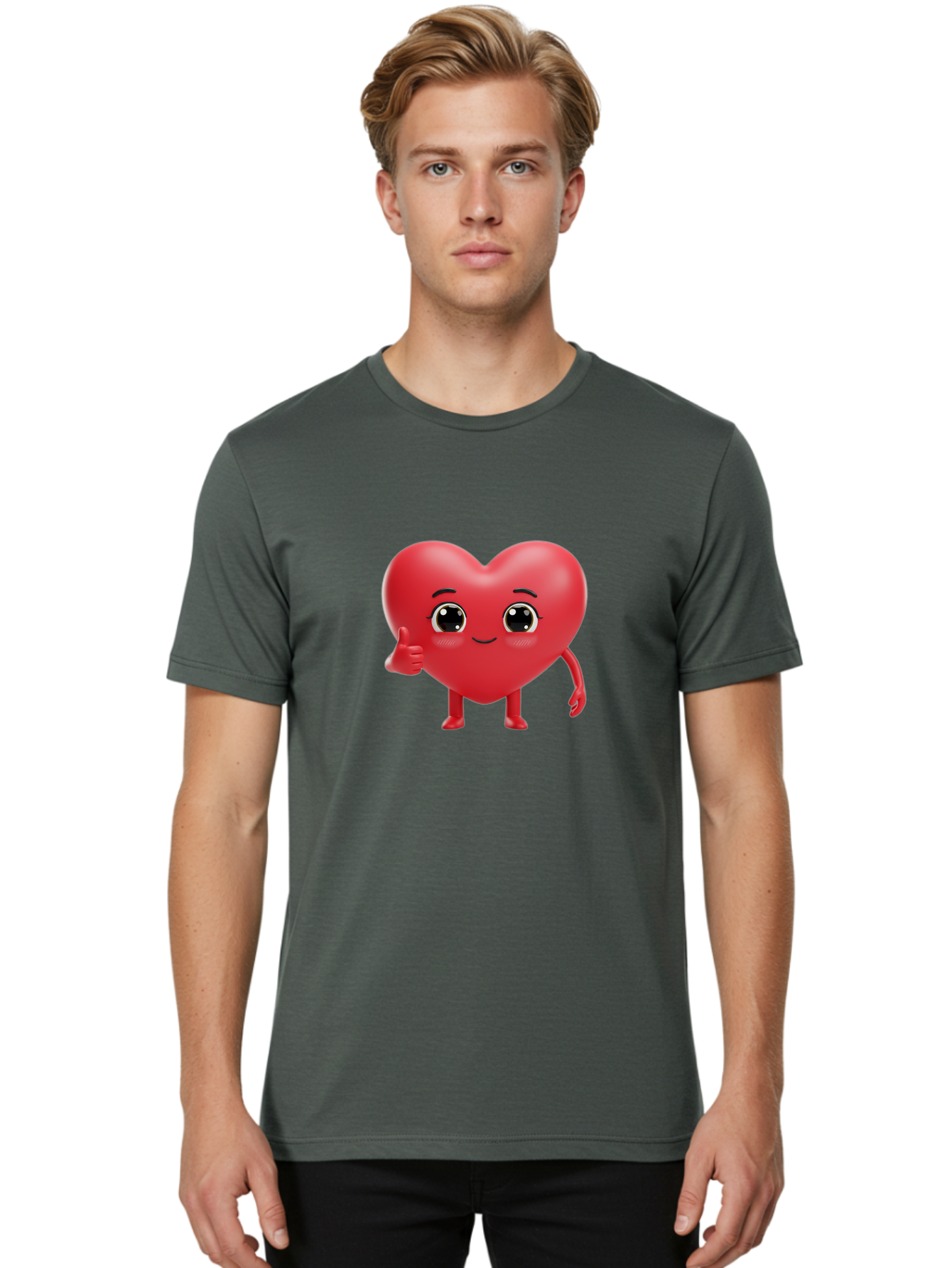 Red-Heart-Character-1 Men'S Graphic Tee, 100% Cotton, Comfortable Casual Summer Wear, Machine Washable, Cartoon Heart, Smiling Face, Thumbs Up, Cute Character, Heart Emoji, Love Symbol, Friendly Icon, Digital Illustration, 3D Rendering, Bae249