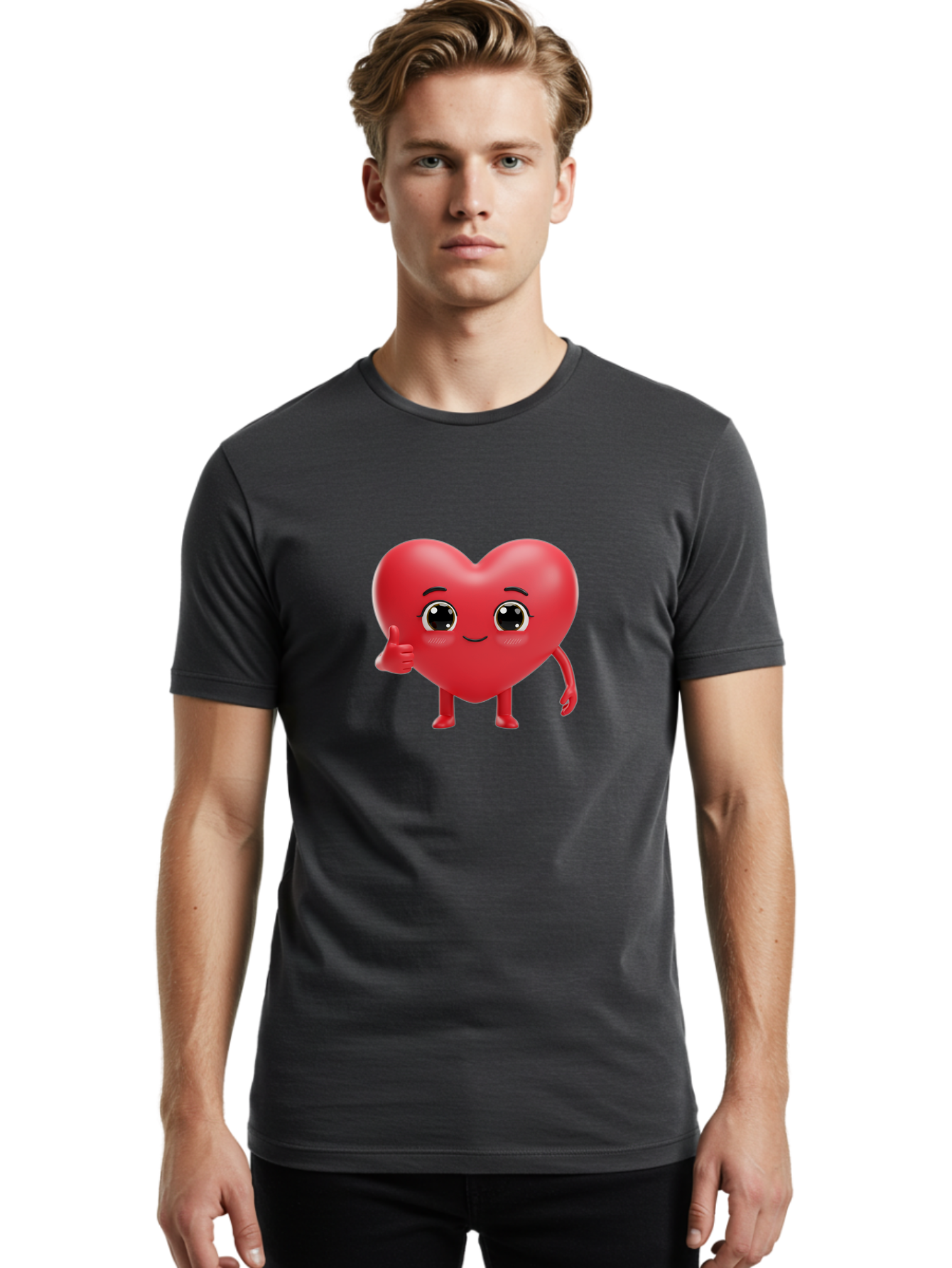 Red-Heart-Character-1 Men'S Graphic Tee, 100% Cotton, Comfortable Casual Summer Wear, Machine Washable, Cartoon Heart, Smiling Face, Thumbs Up, Cute Character, Heart Emoji, Love Symbol, Friendly Icon, Digital Illustration, 3D Rendering, Bae249