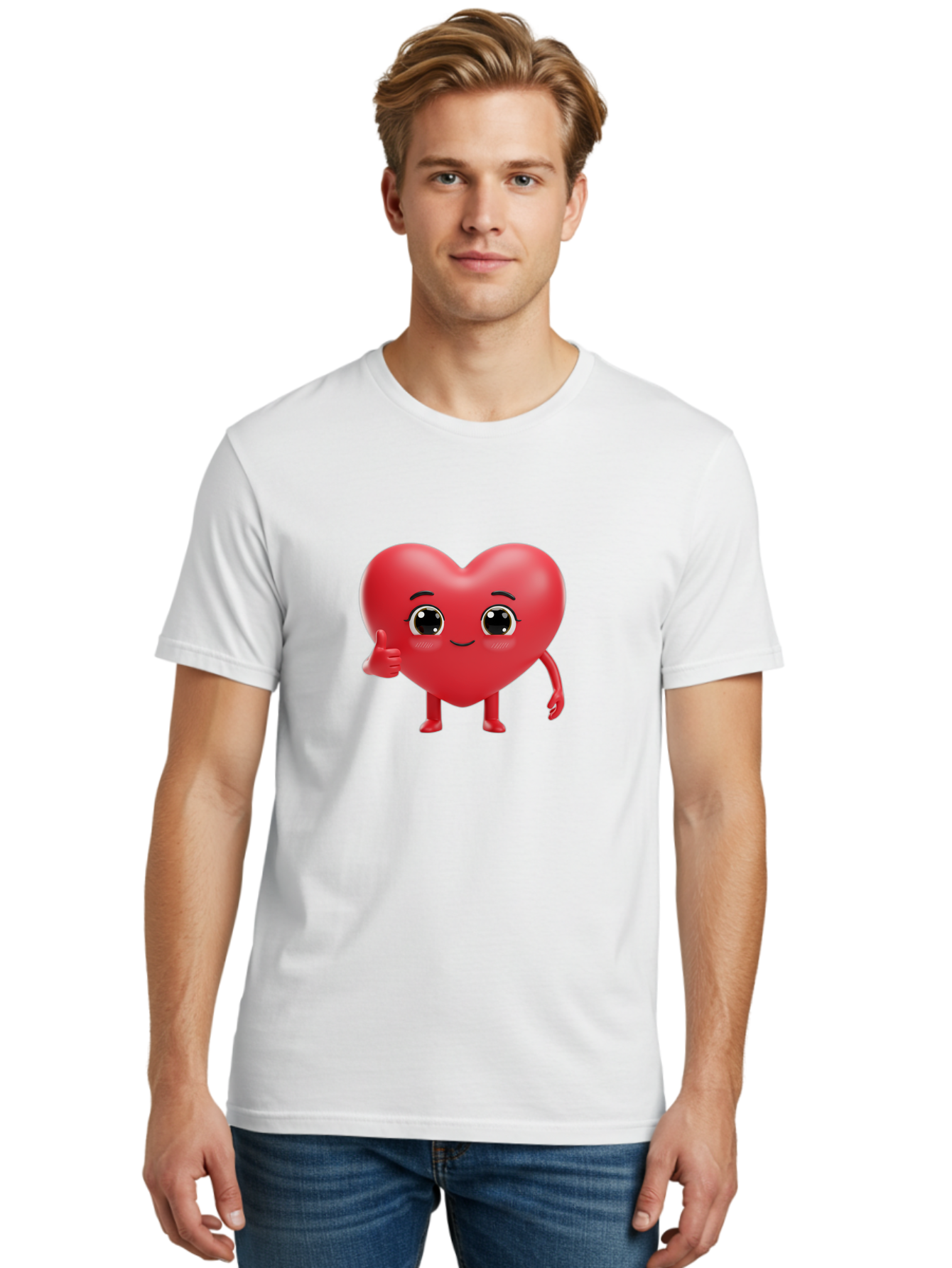 Red-Heart-Character-1 Men'S Graphic Tee, 100% Cotton, Comfortable Casual Summer Wear, Machine Washable, Cartoon Heart, Smiling Face, Thumbs Up, Cute Character, Heart Emoji, Love Symbol, Friendly Icon, Digital Illustration, 3D Rendering, Bae249