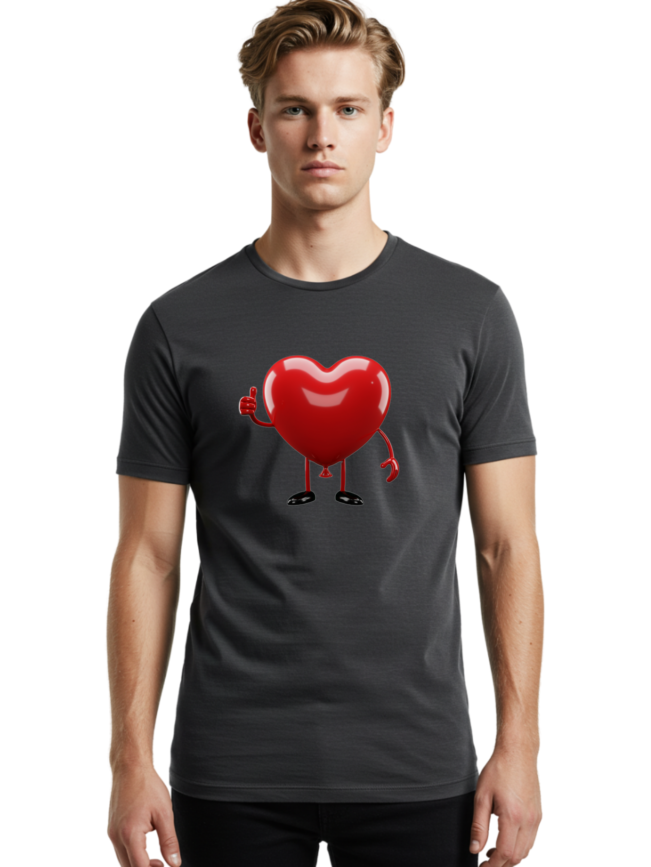 Red-Heart-Character-2 Men'S Graphic Tee, 100% Cotton, Comfortable Casual Summer Wear, Machine Washable, Heart Character With Thumbs Up, Red Heart, Love Symbol, Cartoon Heart, Happiness, Heart Shape, Love Icon, Positive Gesture, Bae250