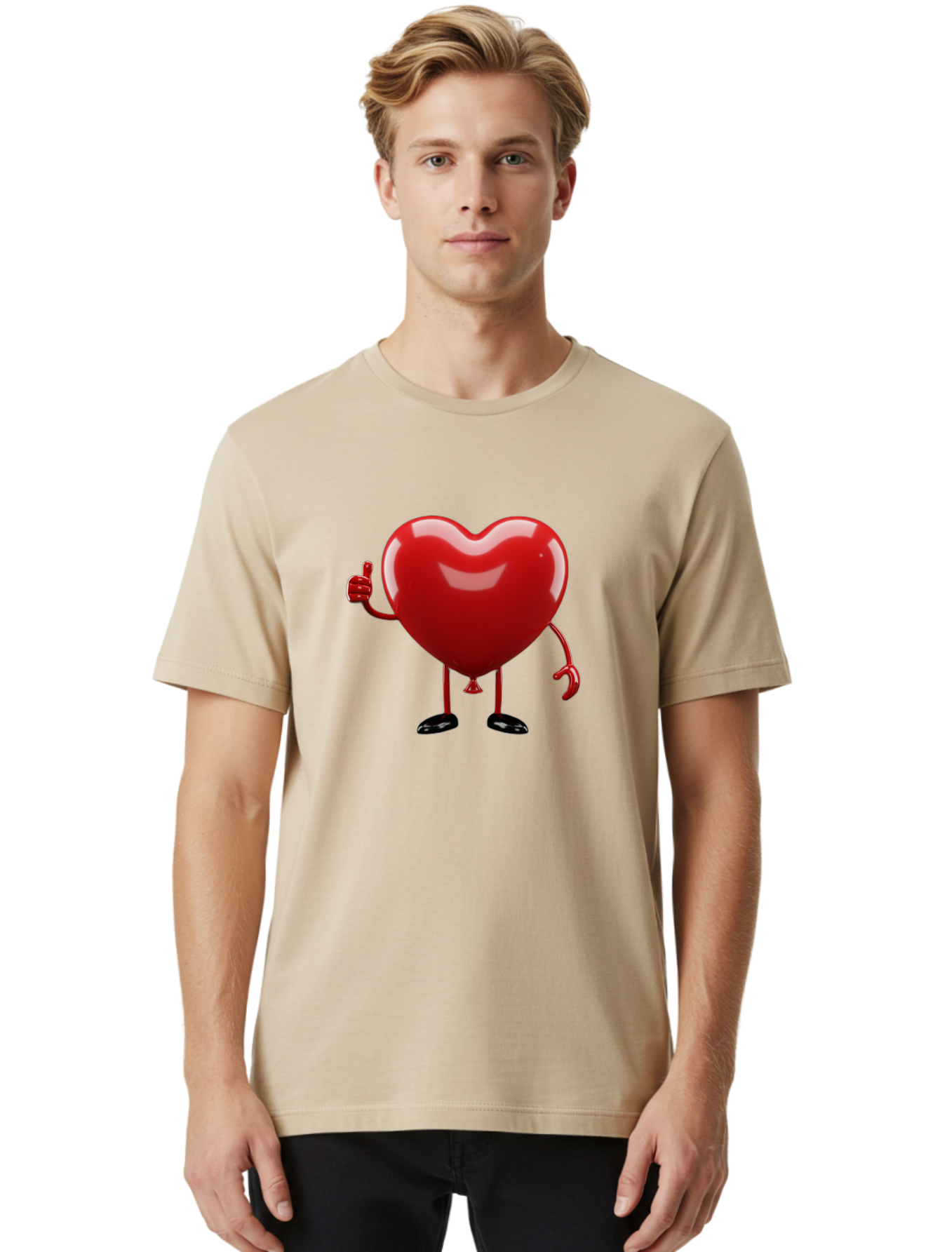 Red-Heart-Character-2 Men'S Graphic Tee, 100% Cotton, Comfortable Casual Summer Wear, Machine Washable, Heart Character With Thumbs Up, Red Heart, Love Symbol, Cartoon Heart, Happiness, Heart Shape, Love Icon, Positive Gesture, Bae250