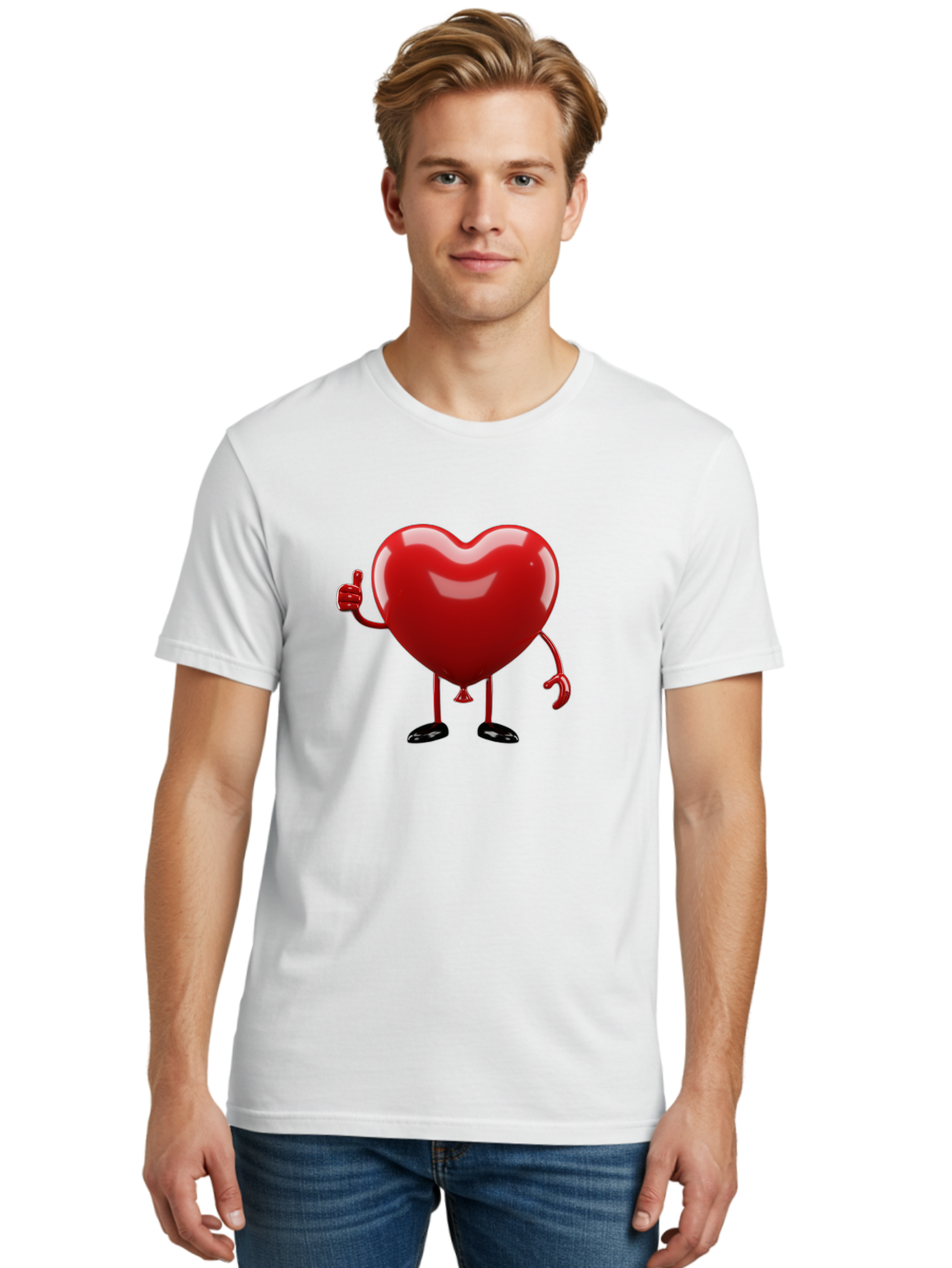 Red-Heart-Character-2 Men'S Graphic Tee, 100% Cotton, Comfortable Casual Summer Wear, Machine Washable, Heart Character With Thumbs Up, Red Heart, Love Symbol, Cartoon Heart, Happiness, Heart Shape, Love Icon, Positive Gesture, Bae250
