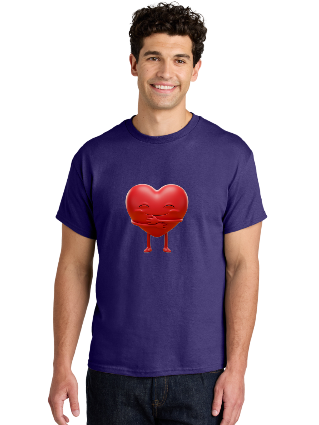 Red-Heart-Character Men'S Graphic Tee, 100% Cotton, Comfortable Casual Summer Wear, Machine Washable, Cartoon Heart Character, Heart Touching Hand, Happy Heart, Heart Smiling Face, Cute Cartoon Character, Heart With Legs, Bae251
