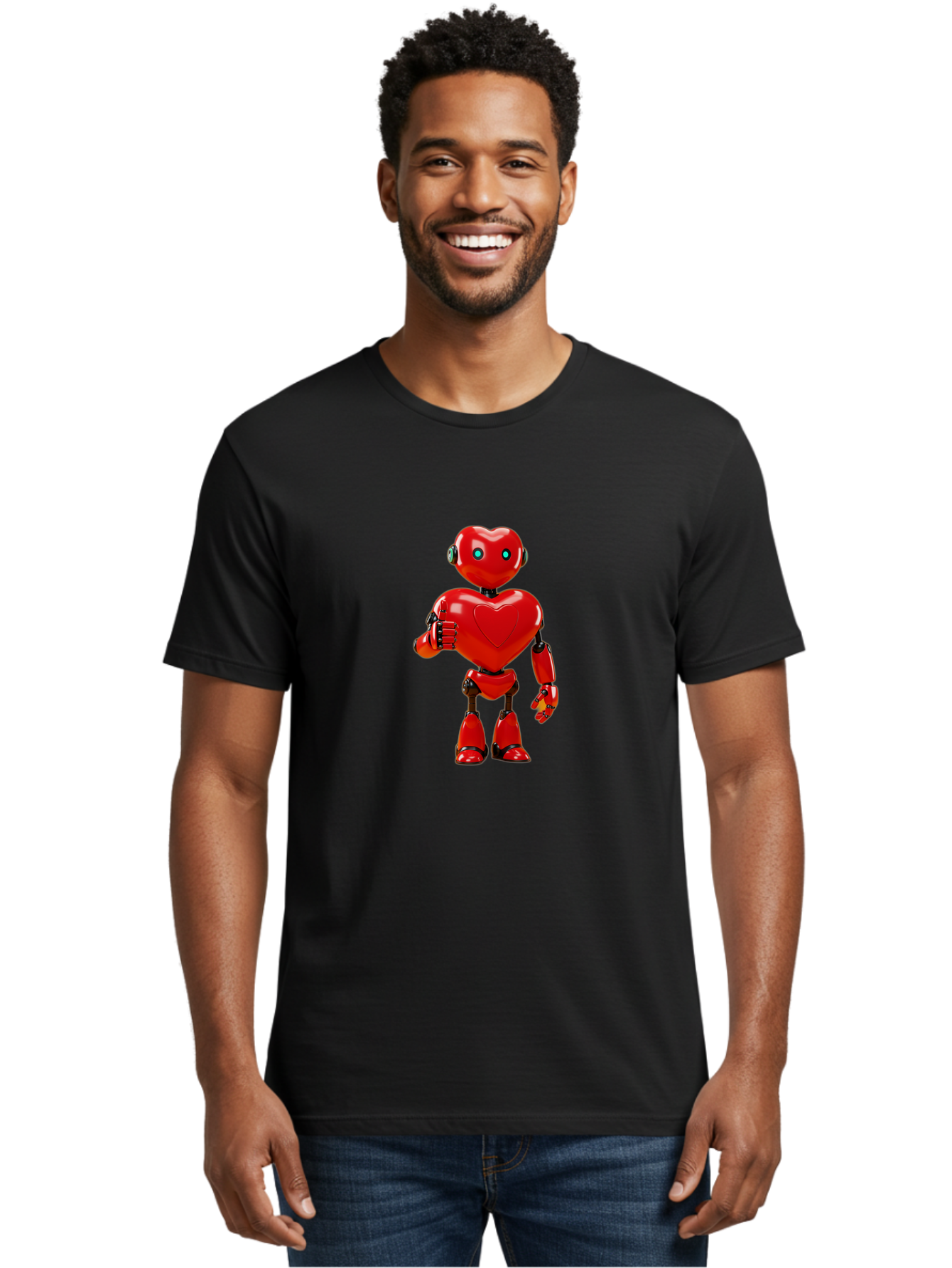 Red-Heart-Robot Men'S Graphic Tee, 100% Cotton, Comfortable Casual Summer Wear, Machine Washable, Red Robot With Heart-Shaped Body, Futuristic Design, Heart-Shaped Head, Blue Glowing Eyes, Robotic Lover, Cyborg, Shiny Red Metal, Bae253