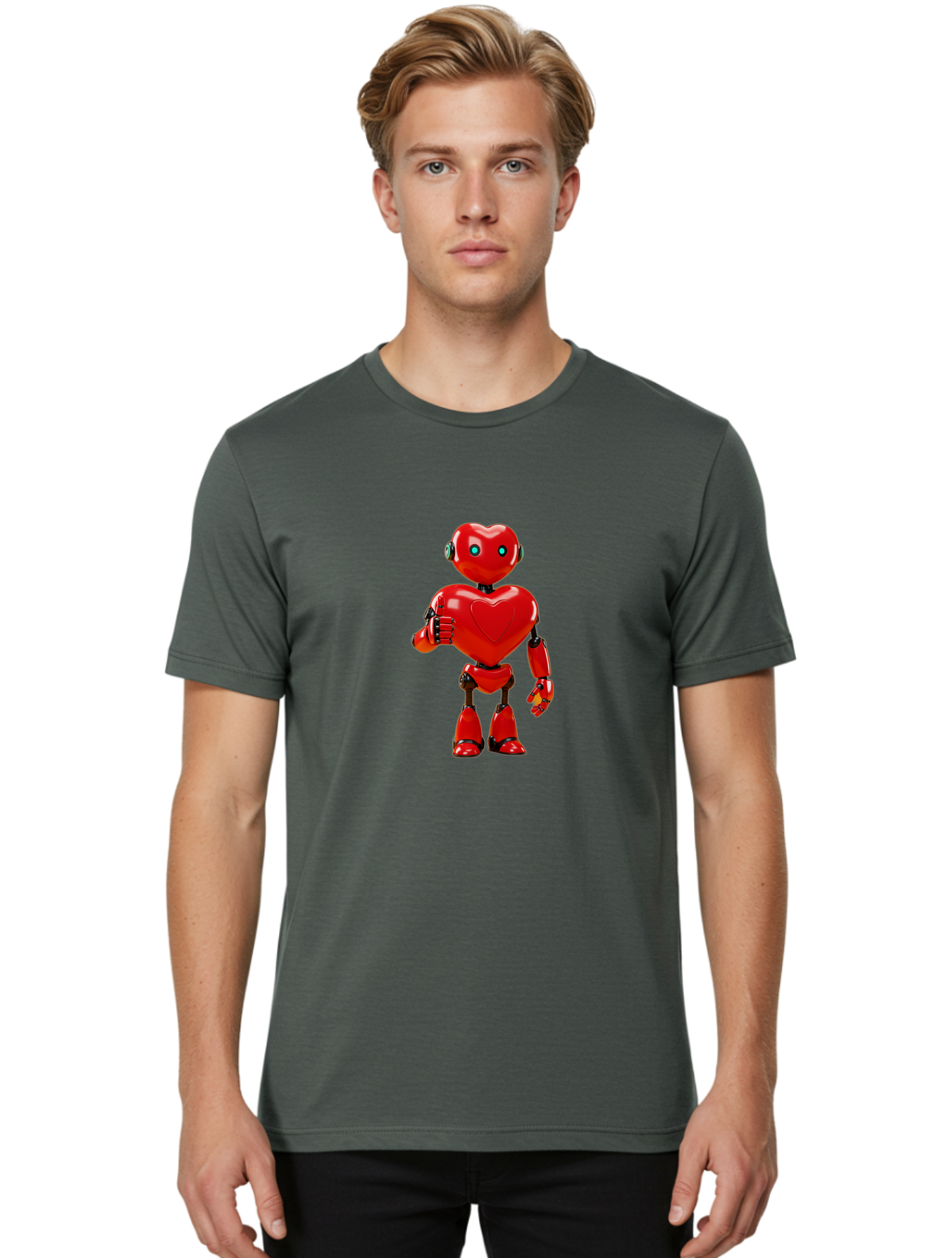 Red-Heart-Robot Men'S Graphic Tee, 100% Cotton, Comfortable Casual Summer Wear, Machine Washable, Red Robot With Heart-Shaped Body, Futuristic Design, Heart-Shaped Head, Blue Glowing Eyes, Robotic Lover, Cyborg, Shiny Red Metal, Bae253