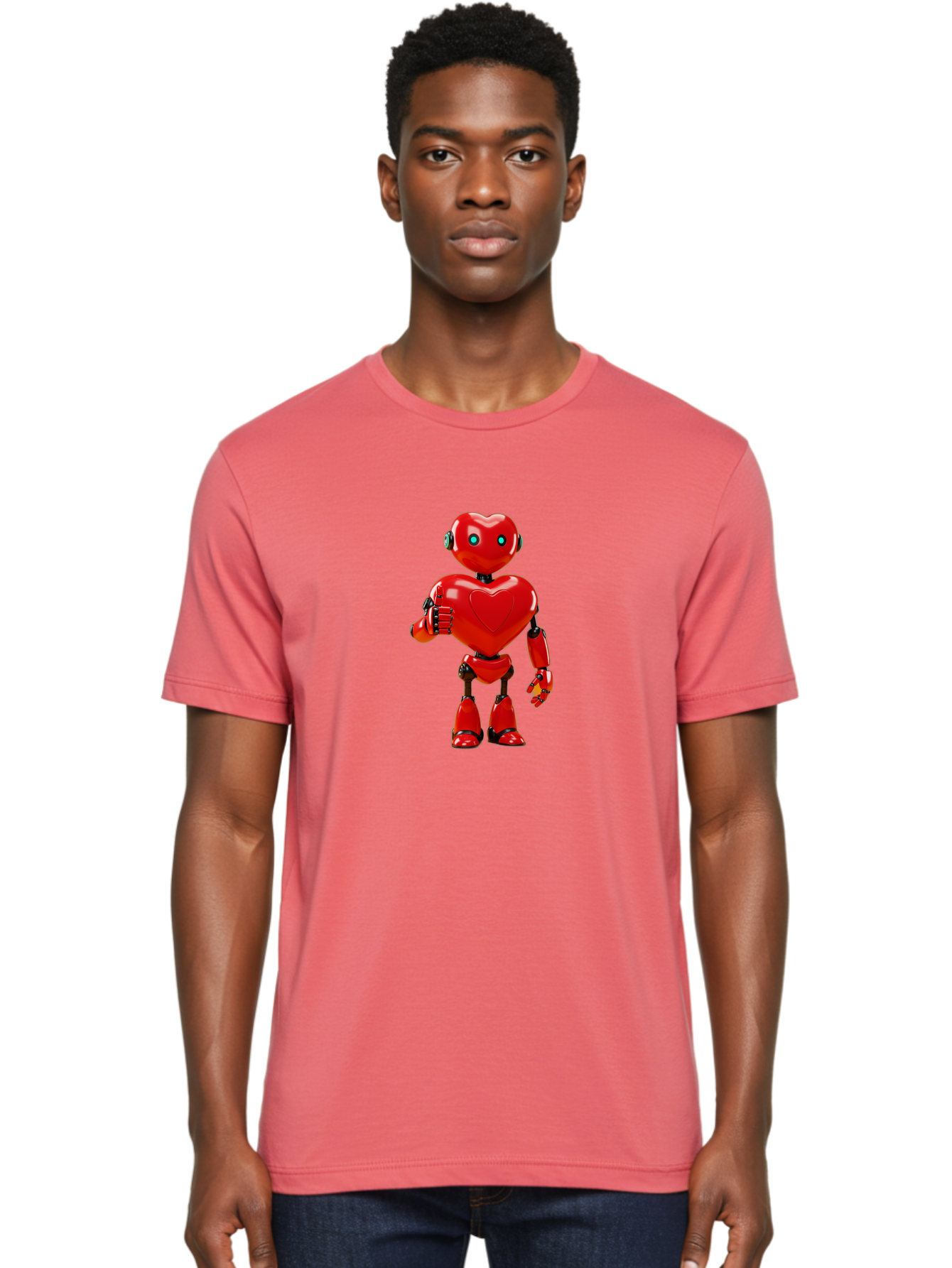 Red-Heart-Robot Men'S Graphic Tee, 100% Cotton, Comfortable Casual Summer Wear, Machine Washable, Red Robot With Heart-Shaped Body, Futuristic Design, Heart-Shaped Head, Blue Glowing Eyes, Robotic Lover, Cyborg, Shiny Red Metal, Bae253