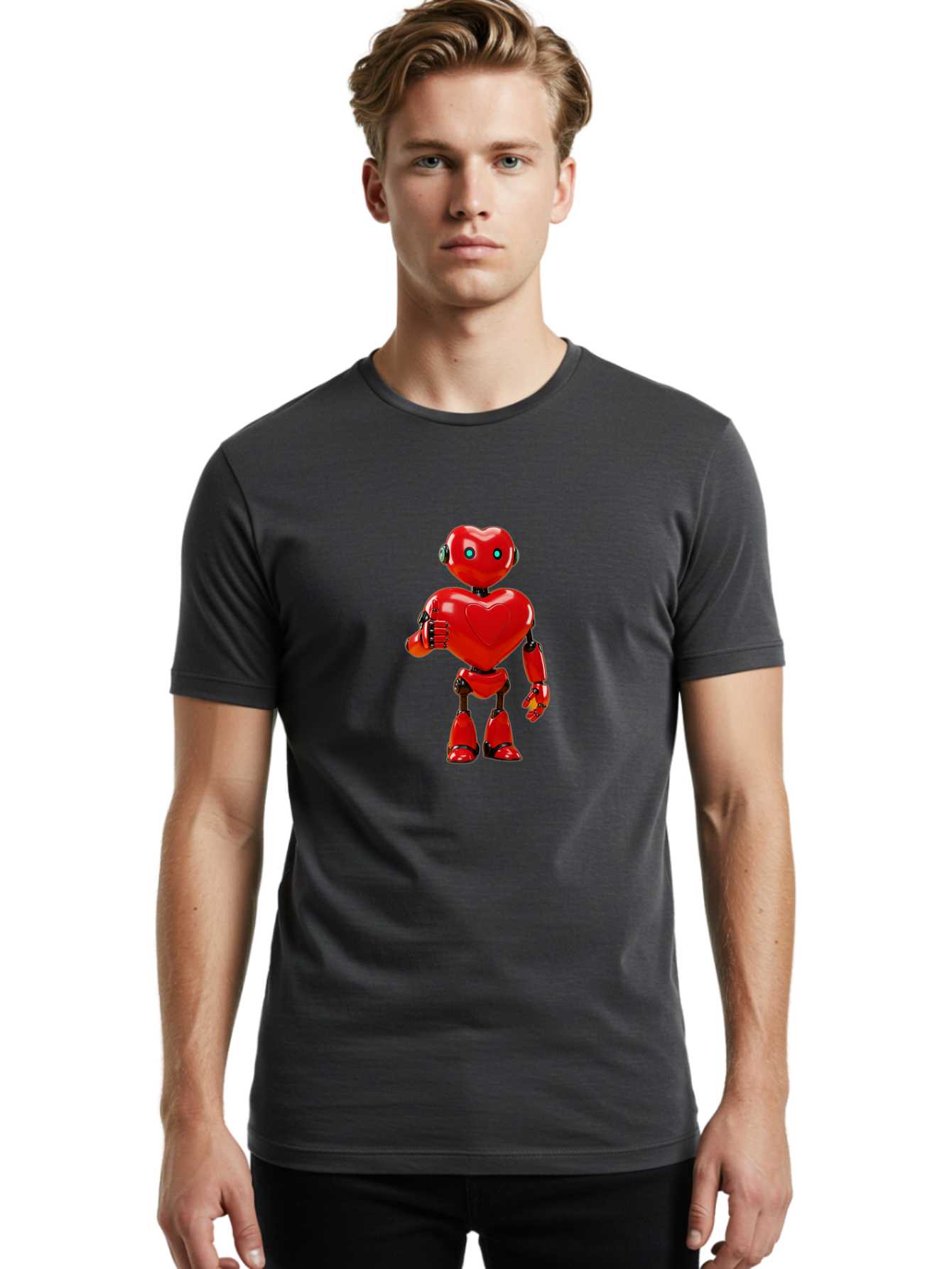 Red-Heart-Robot Men'S Graphic Tee, 100% Cotton, Comfortable Casual Summer Wear, Machine Washable, Red Robot With Heart-Shaped Body, Futuristic Design, Heart-Shaped Head, Blue Glowing Eyes, Robotic Lover, Cyborg, Shiny Red Metal, Bae253