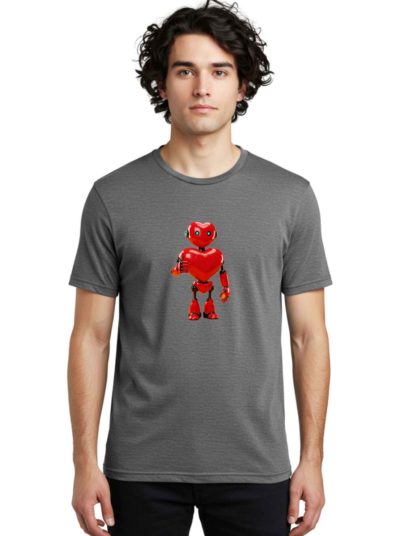 Red-Heart-Robot Men'S Graphic Tee, 100% Cotton, Comfortable Casual Summer Wear, Machine Washable, Red Robot With Heart-Shaped Body, Futuristic Design, Heart-Shaped Head, Blue Glowing Eyes, Robotic Lover, Cyborg, Shiny Red Metal, Bae253
