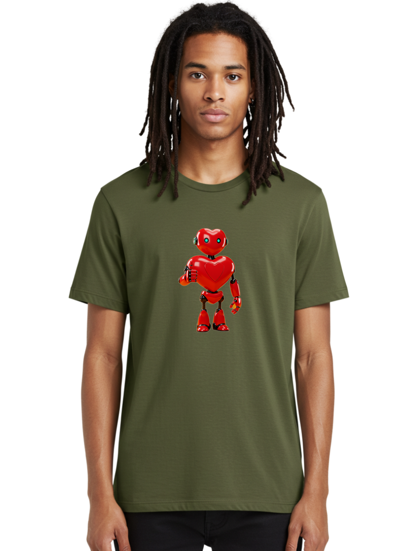 Red-Heart-Robot Men'S Graphic Tee, 100% Cotton, Comfortable Casual Summer Wear, Machine Washable, Red Robot With Heart-Shaped Body, Futuristic Design, Heart-Shaped Head, Blue Glowing Eyes, Robotic Lover, Cyborg, Shiny Red Metal, Bae253