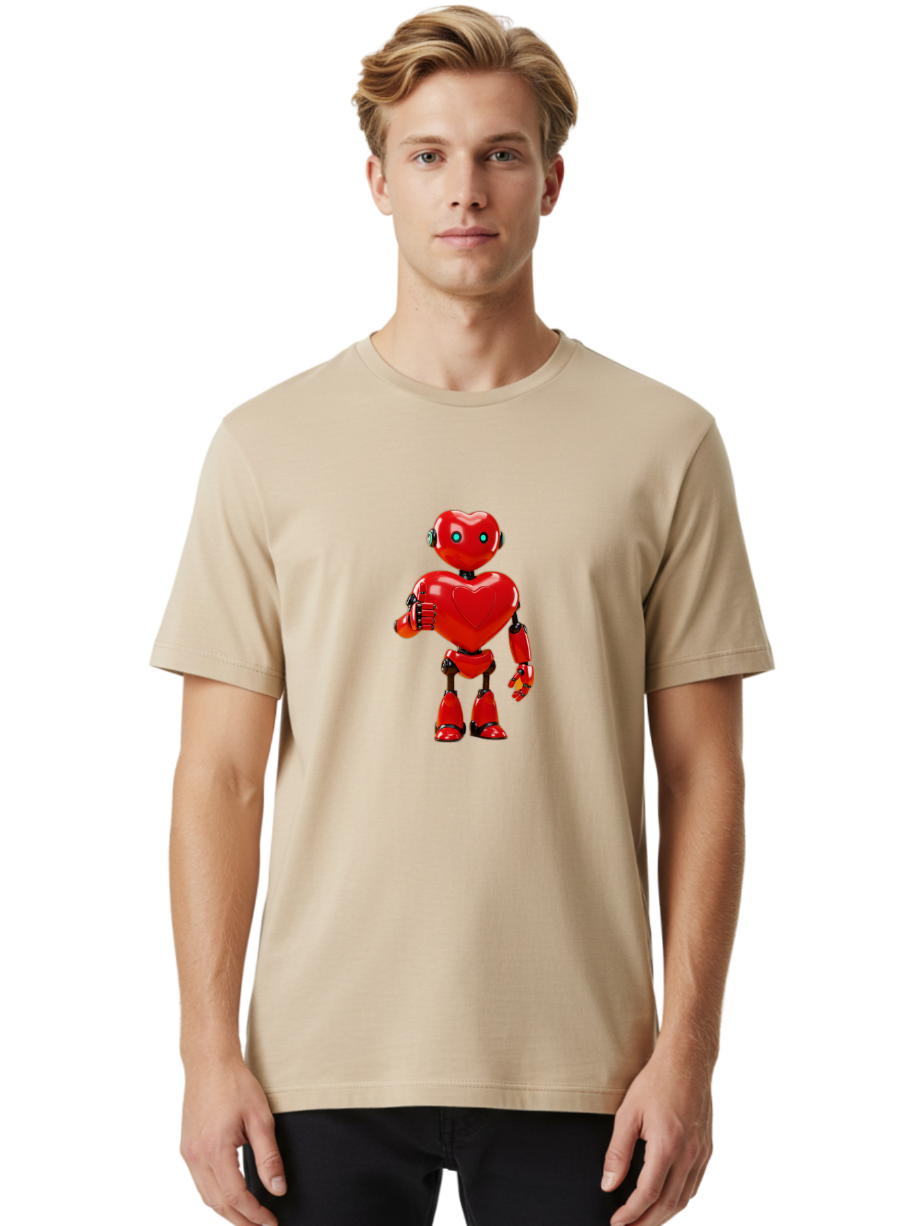Red-Heart-Robot Men'S Graphic Tee, 100% Cotton, Comfortable Casual Summer Wear, Machine Washable, Red Robot With Heart-Shaped Body, Futuristic Design, Heart-Shaped Head, Blue Glowing Eyes, Robotic Lover, Cyborg, Shiny Red Metal, Bae253