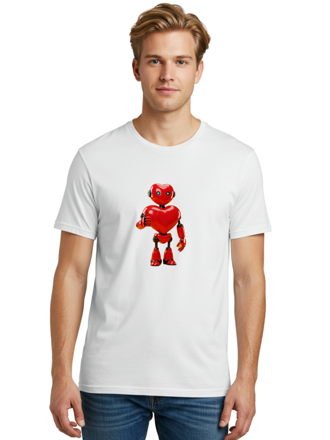 Red-Heart-Robot Men'S Graphic Tee, 100% Cotton, Comfortable Casual Summer Wear, Machine Washable, Red Robot With Heart-Shaped Body, Futuristic Design, Heart-Shaped Head, Blue Glowing Eyes, Robotic Lover, Cyborg, Shiny Red Metal, Bae253