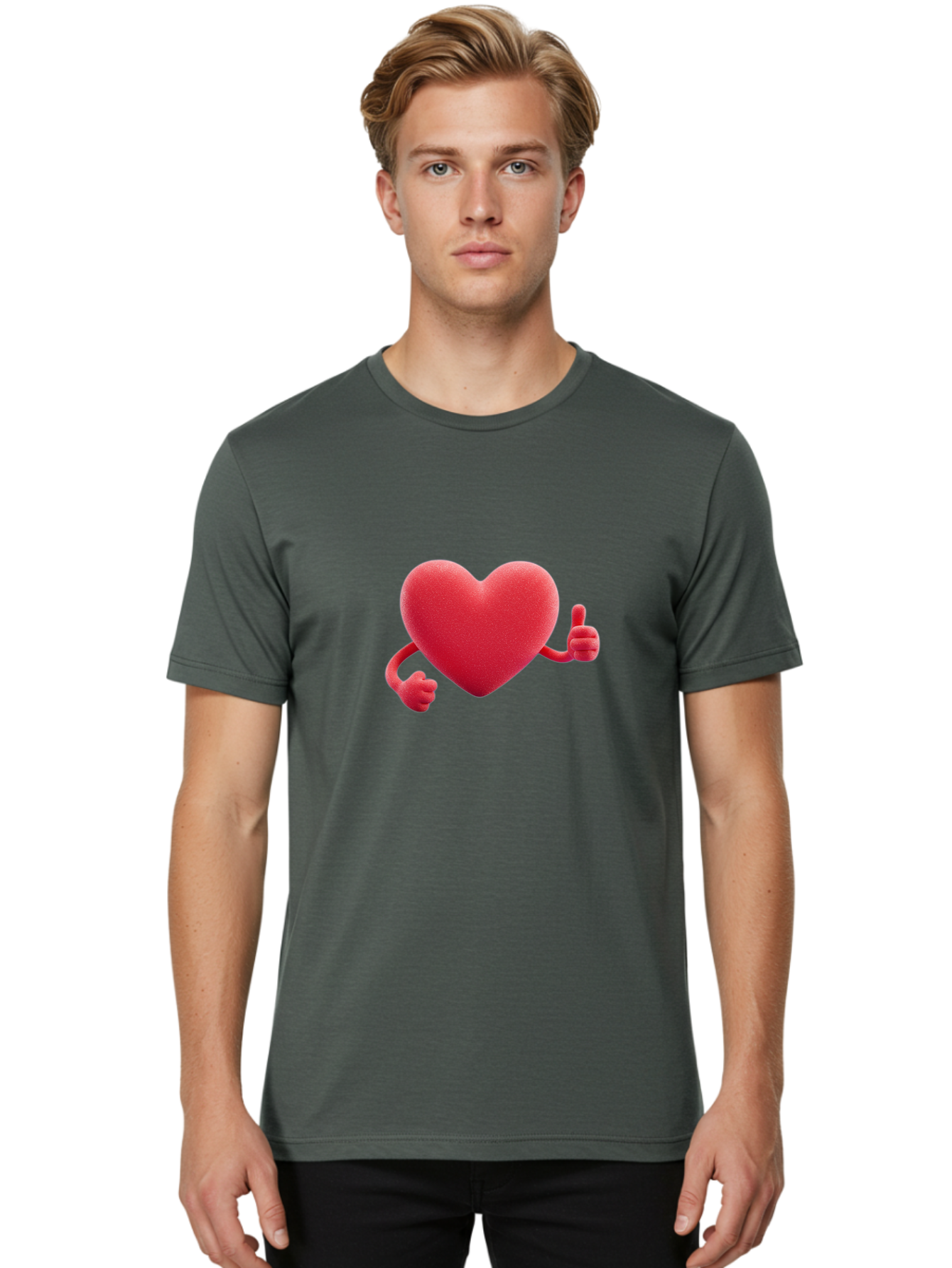 Red-Heart Men'S Graphic Tee, 100% Cotton, Comfortable Casual Summer Wear, Machine Washable, Red Heart Character, Thumbs Up Gesture, Cartoon Heart, Approval Symbol, Love Icon, Positivity, Heart Symbol, Cute Illustration, Heart Gesture Bae255