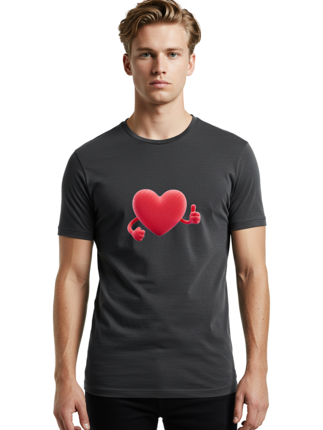 Red-Heart Men'S Graphic Tee, 100% Cotton, Comfortable Casual Summer Wear, Machine Washable, Red Heart Character, Thumbs Up Gesture, Cartoon Heart, Approval Symbol, Love Icon, Positivity, Heart Symbol, Cute Illustration, Heart Gesture Bae255