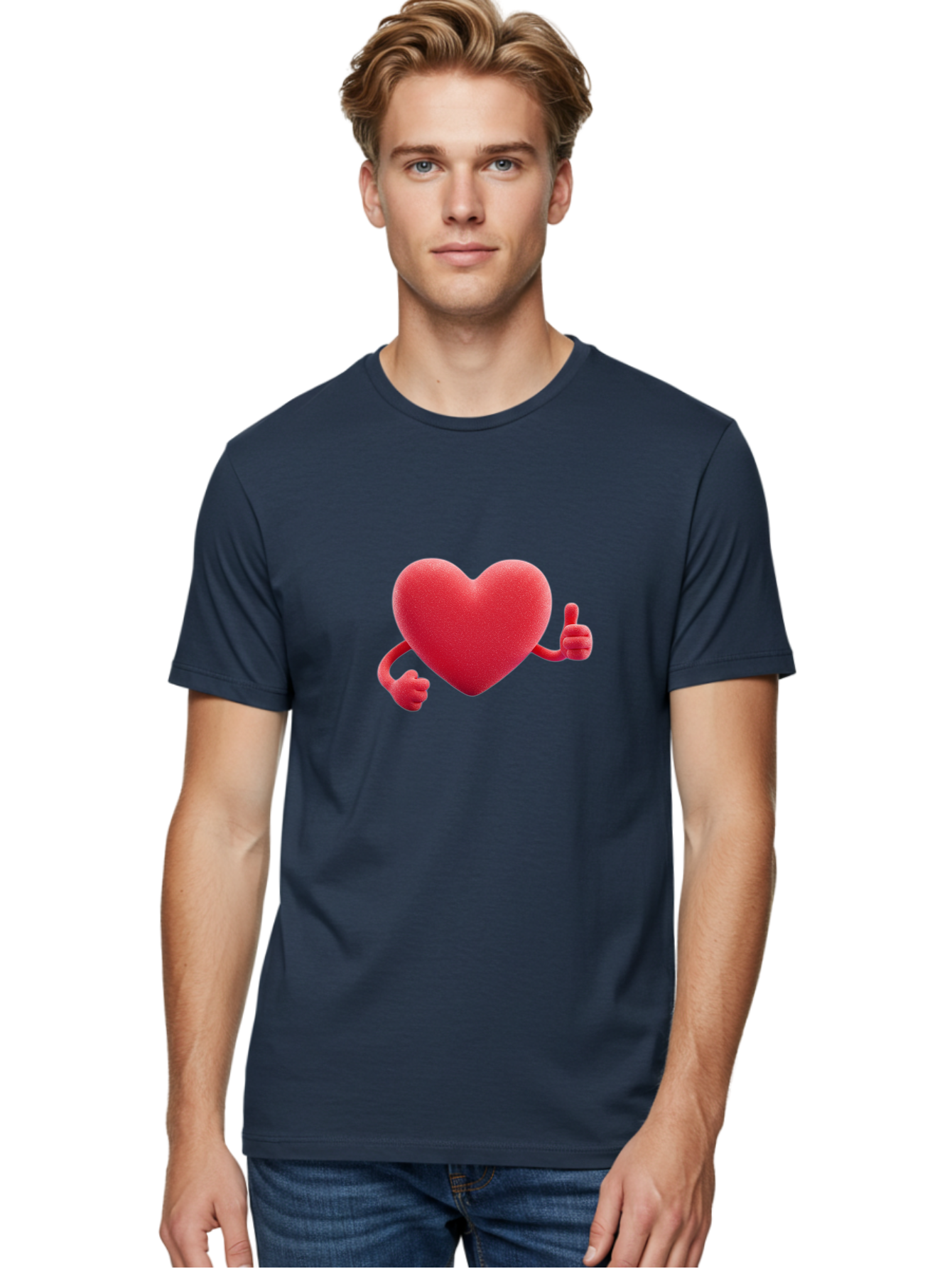 Red-Heart Men'S Graphic Tee, 100% Cotton, Comfortable Casual Summer Wear, Machine Washable, Red Heart Character, Thumbs Up Gesture, Cartoon Heart, Approval Symbol, Love Icon, Positivity, Heart Symbol, Cute Illustration, Heart Gesture Bae255